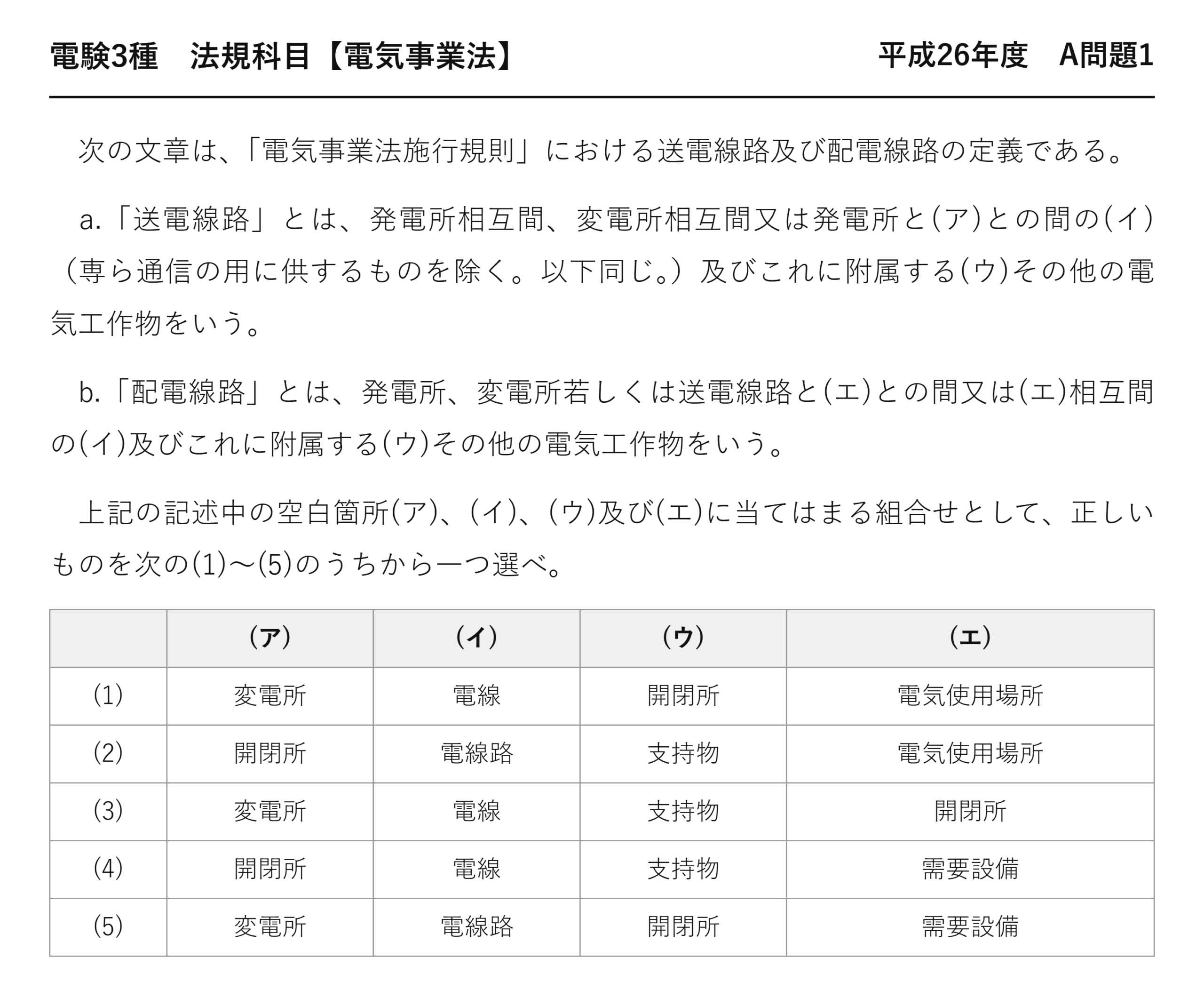電験3種 法規科目 配電 平成26年度 A問題1 問題文