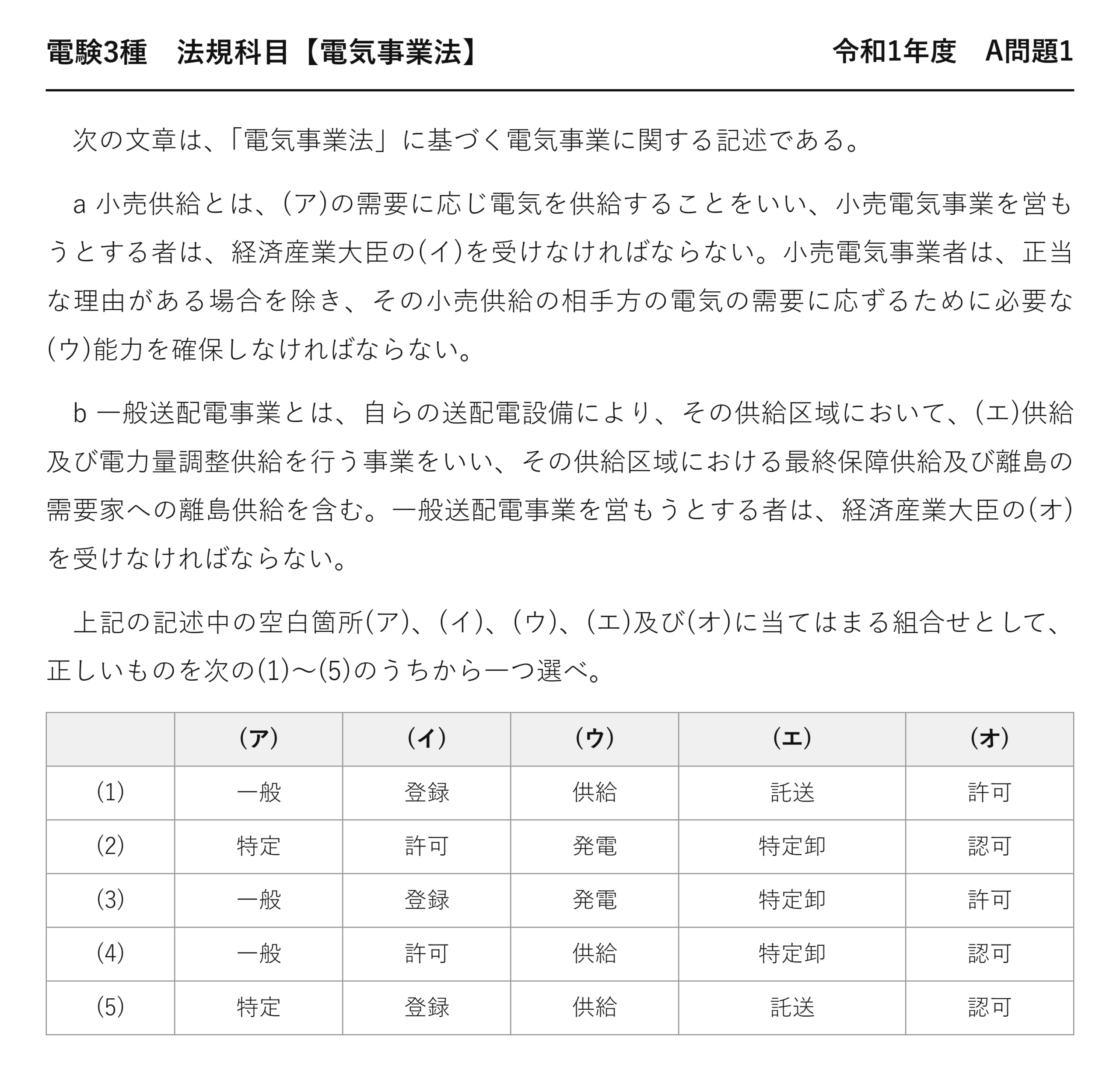 電験3種 法規科目 配電 令和1年度 A問題1 問題文