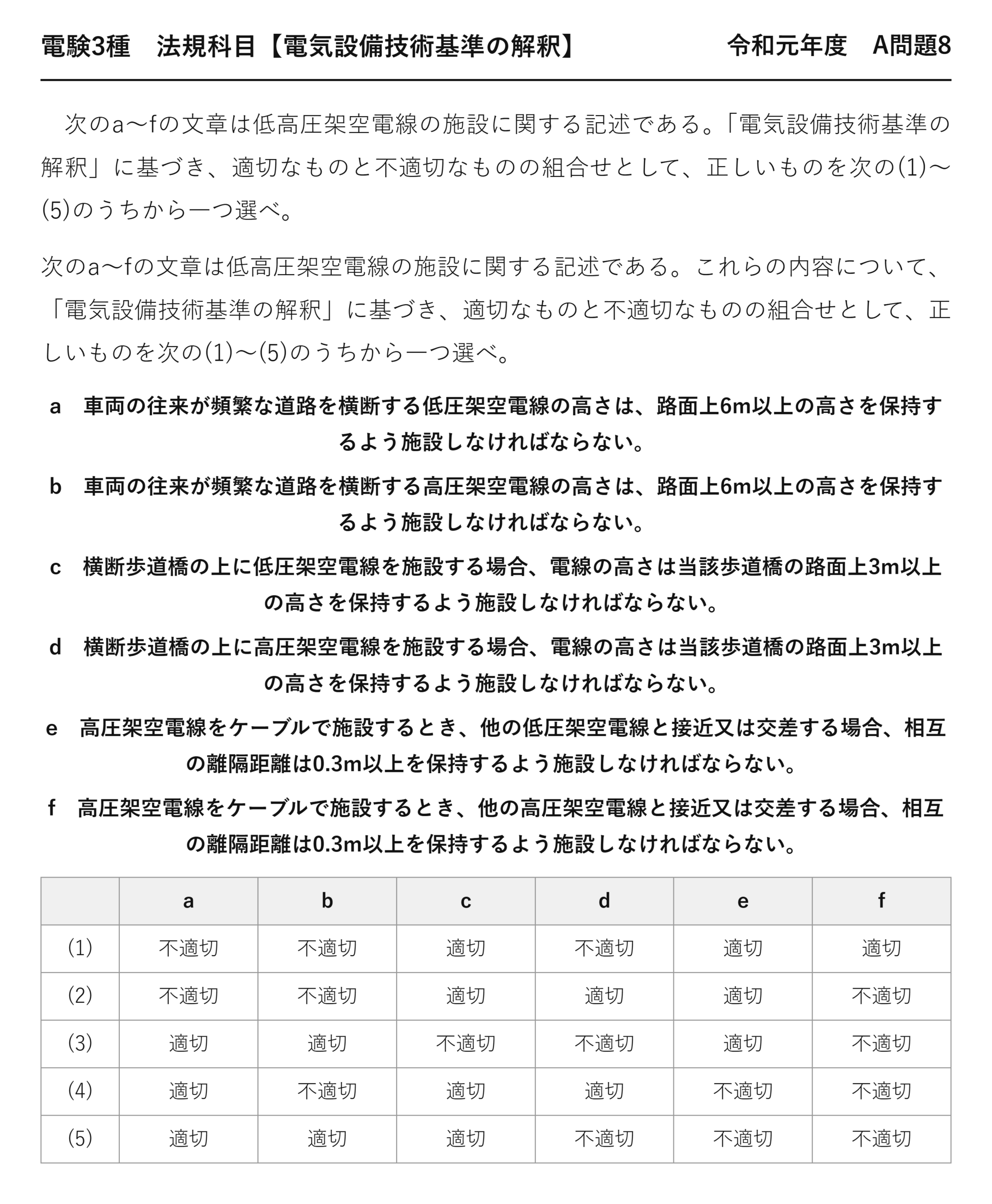 電験3種 法規科目 配電 令和元年度 A問題8 問題文