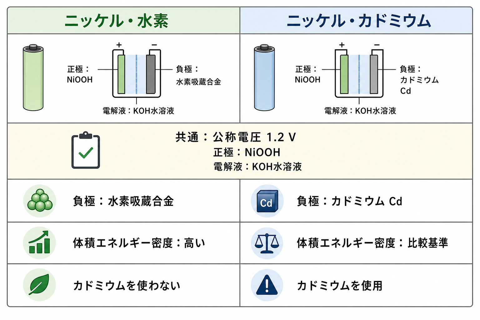 ニッケル水素蓄電池とニッケルカドミウム蓄電池の比較図