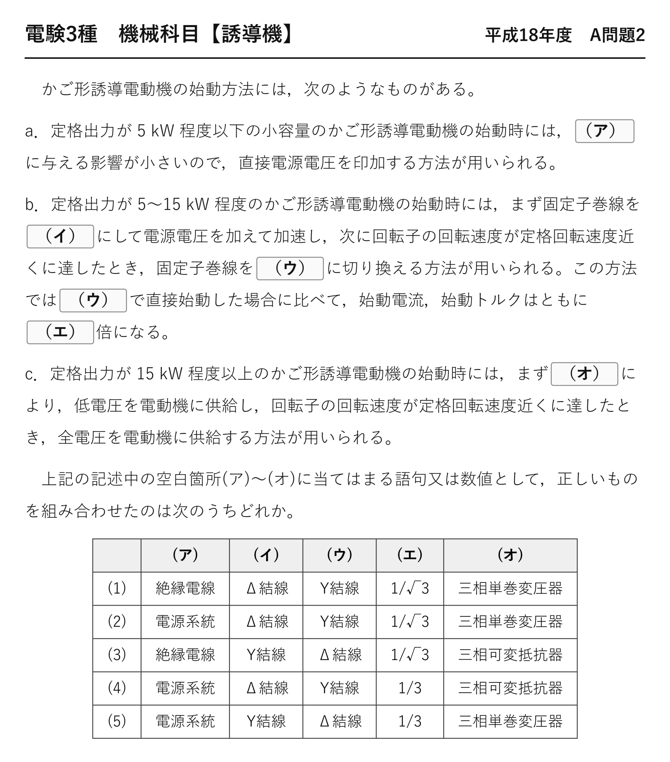 電験3種 機械科目 平成18年度 A問題2 問題文（かご形誘導電動機の始動方式）