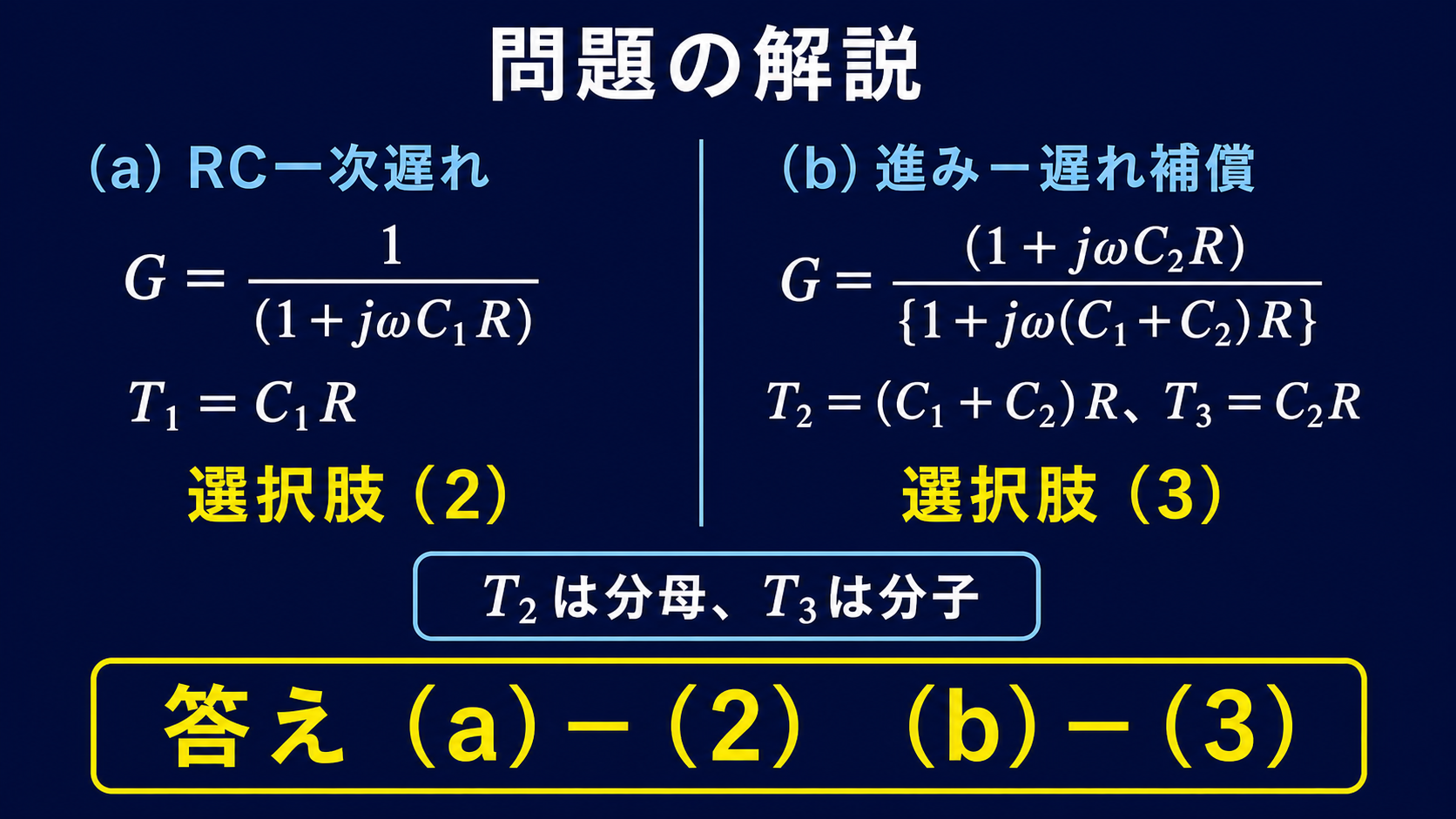 平成19年度機械B問題17でT1=C1Rは選択肢2、T2=(C1+C2)RとT3=C2Rは選択肢3と示す図