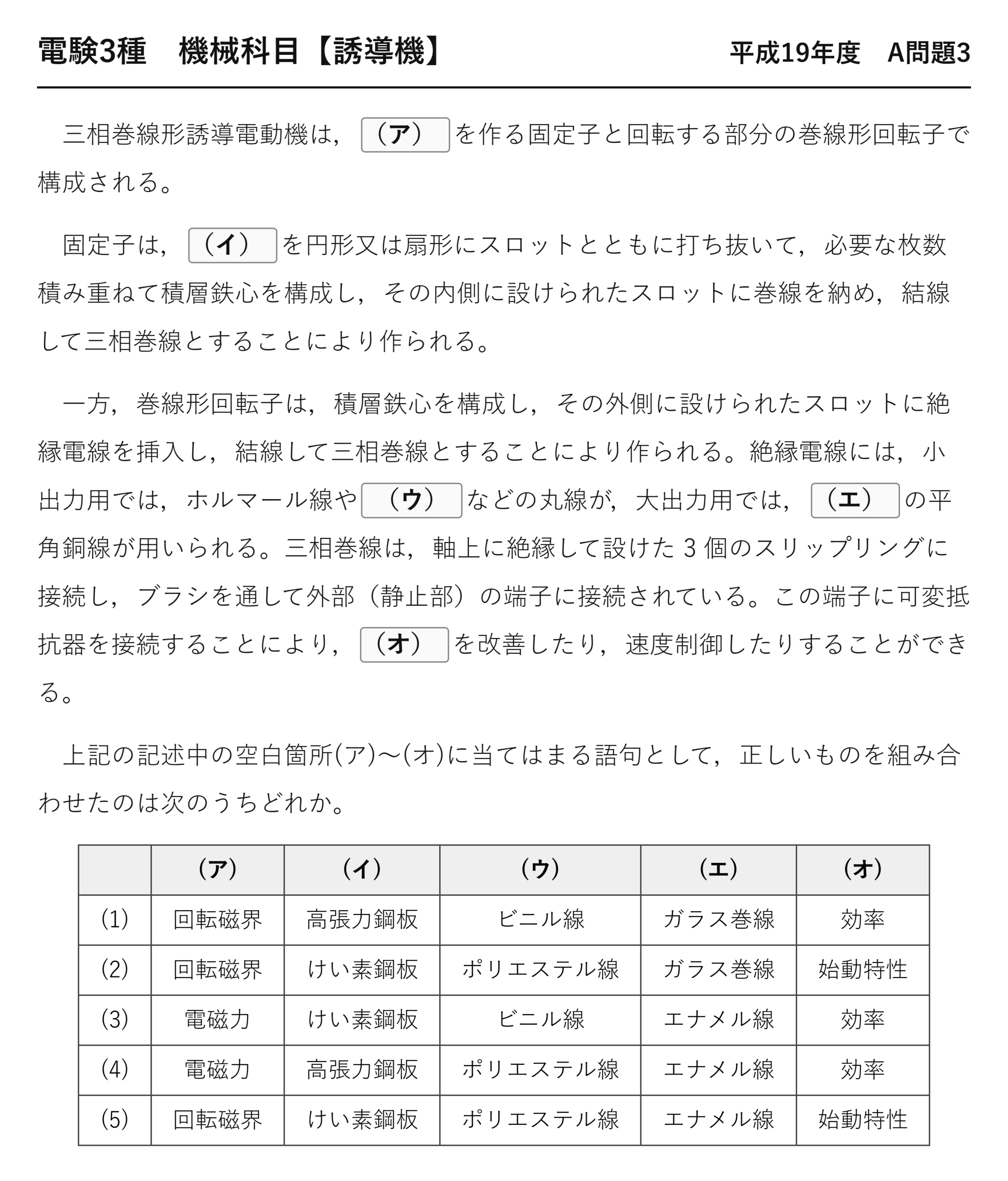 電験3種 機械科目 平成19年度 A問題3 問題文(三相巻線形誘導電動機の構造)