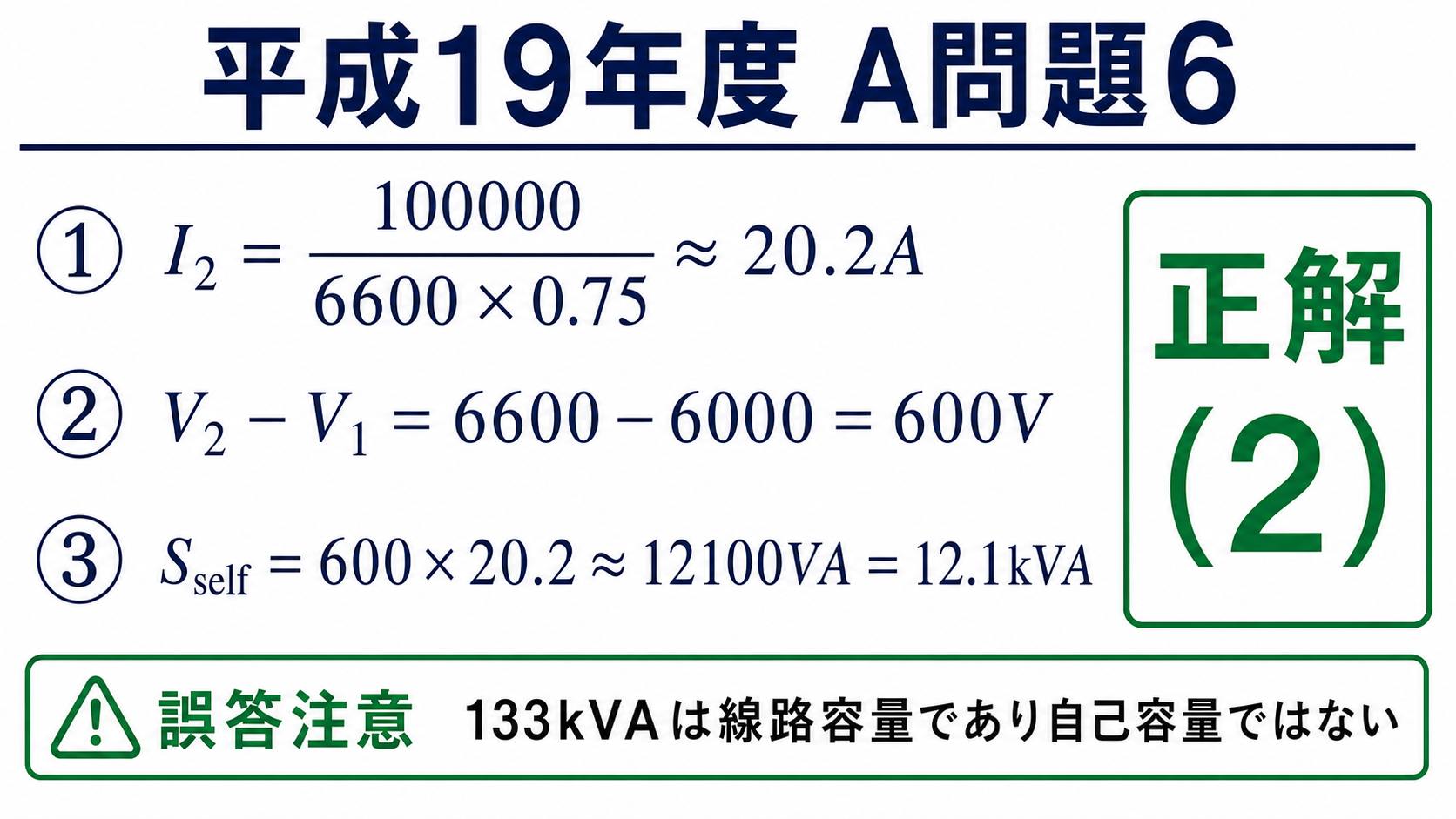 平成19年度機械A問題6の解答、負荷電流20.2アンペア、電圧差600ボルト、自己容量12.1キロボルトアンペアで正解2