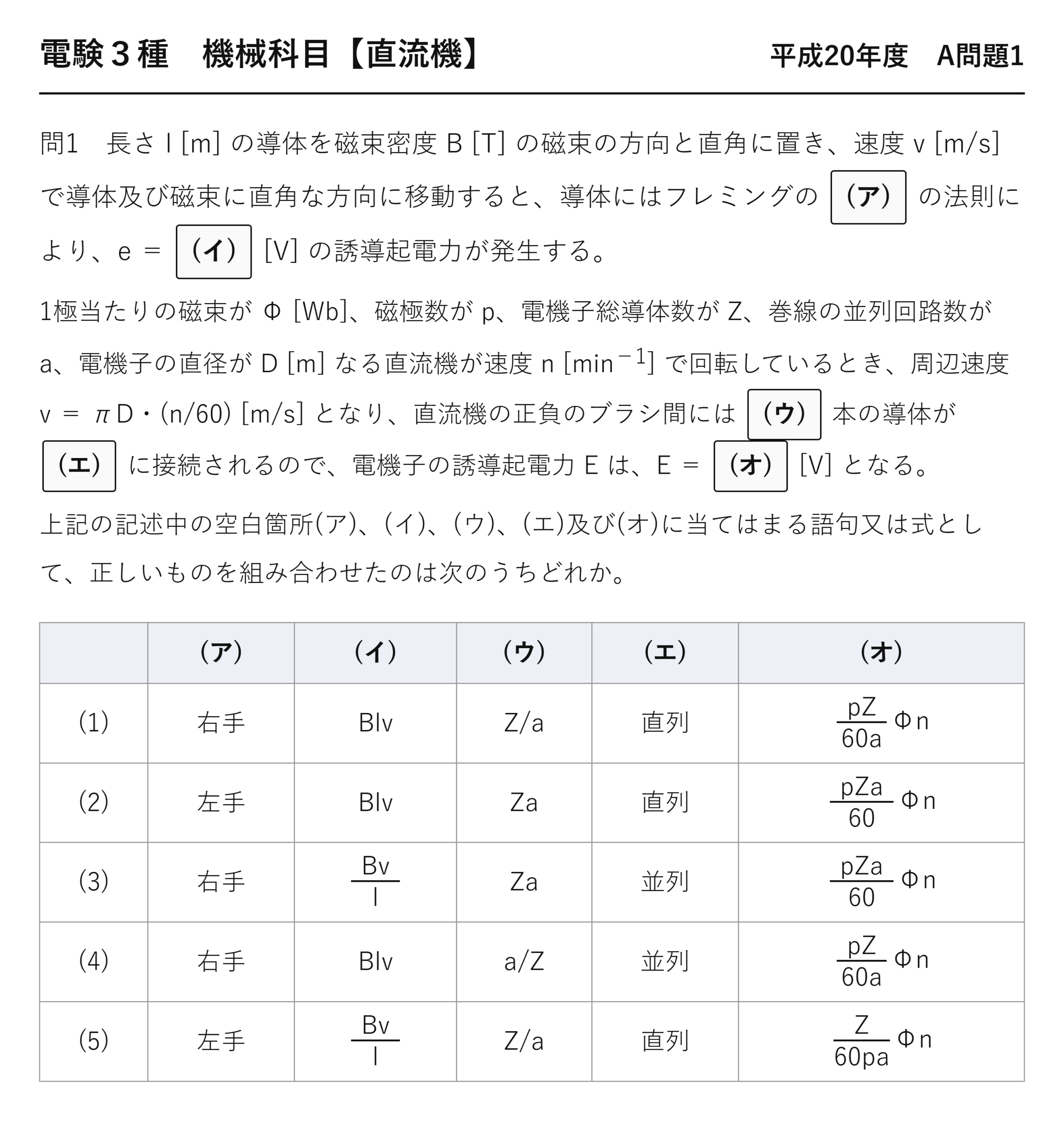 電験3種 機械科目 平成20年度 A問題1 問題文(直流機の誘導起電力の穴埋め)