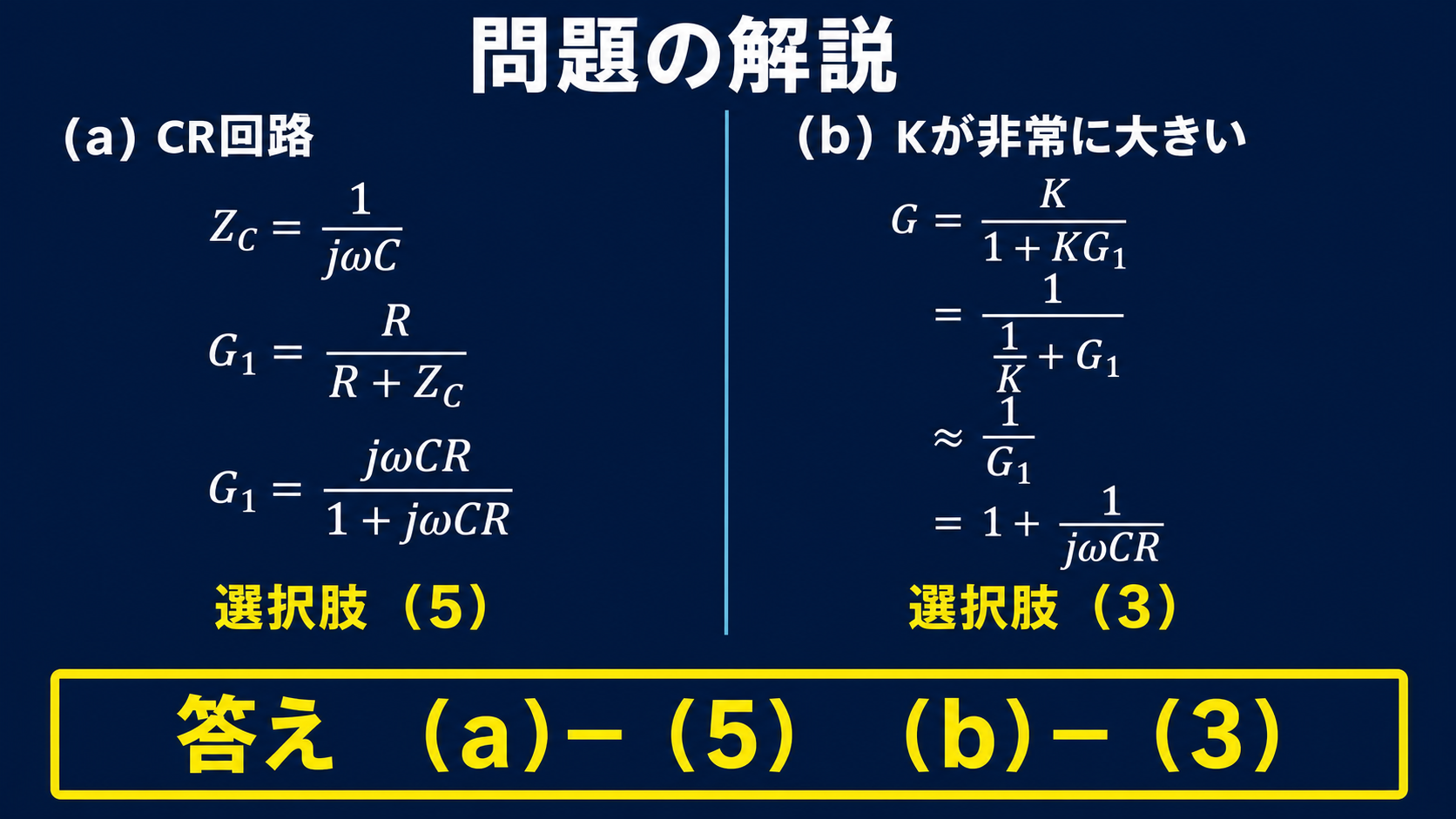 平成20年度機械B問題17でCR回路は選択肢5、閉ループの大ゲイン近似は選択肢3と示す図