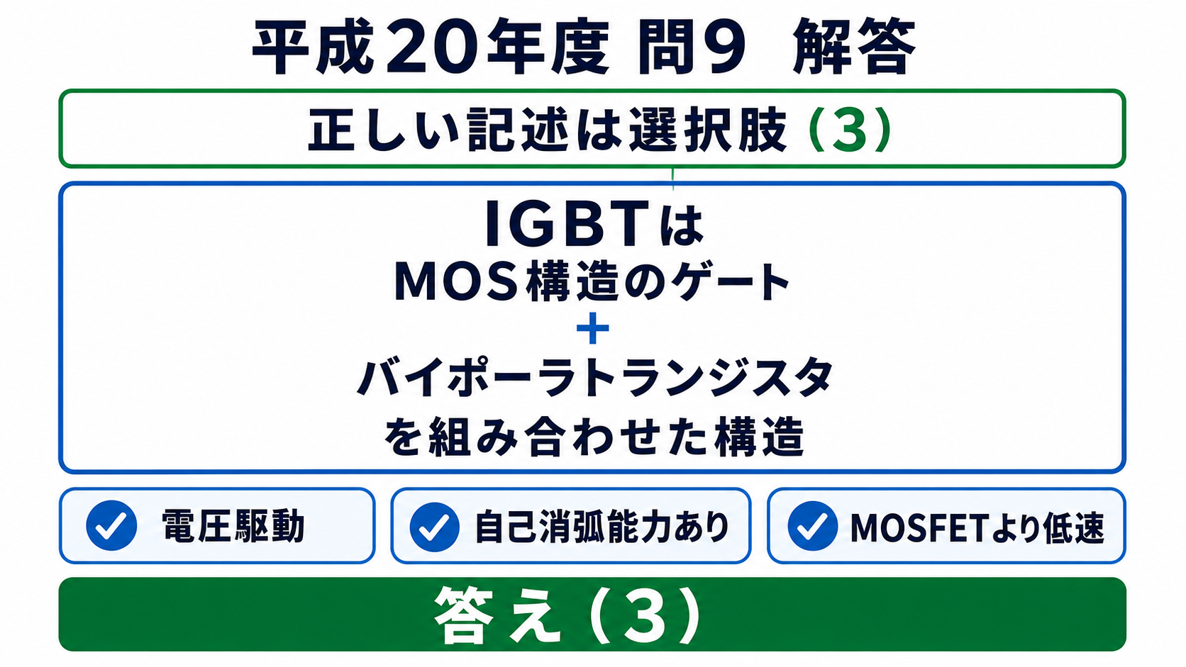 平成20年度機械A問題9、IGBTはMOS構造ゲートとバイポーラトランジスタの組合せなので正答3
