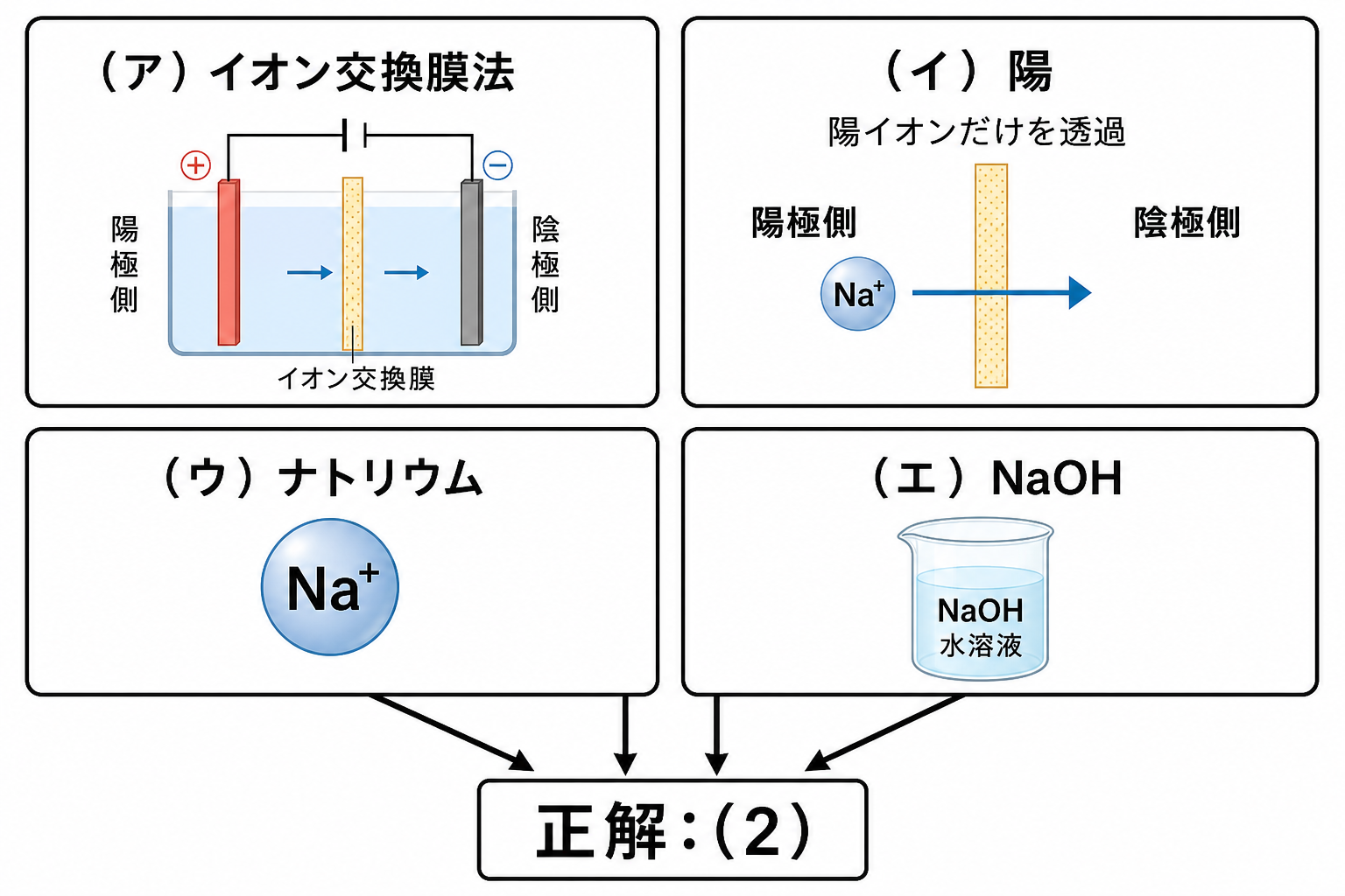 イオン交換膜法問題の4つの空欄と正解2を示す解答図