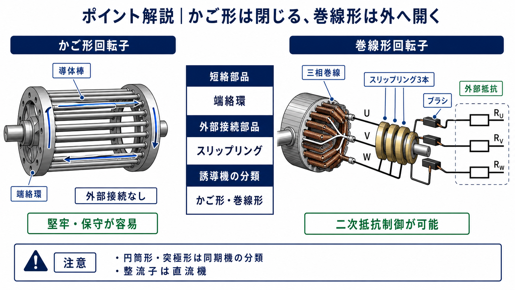 かご形回転子の導体棒と端絡環、巻線形回転子の三相巻線と3本のスリップリングおよび外部抵抗の比較