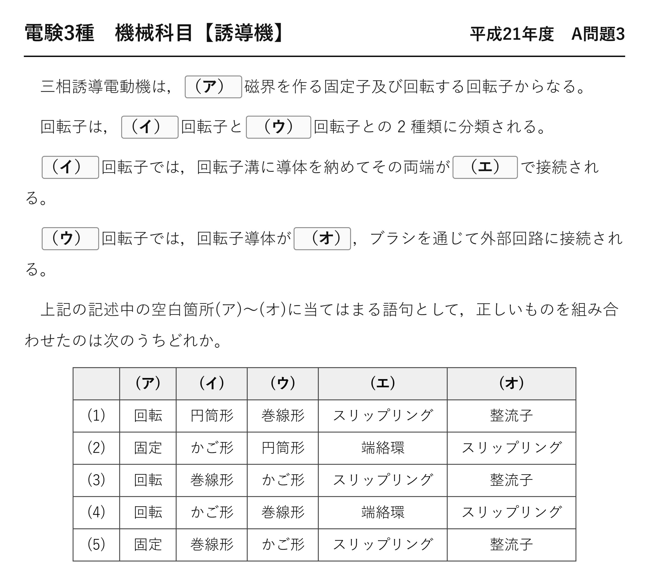 電験3種 機械科目 平成21年度 A問題3 問題文（三相誘導電動機の構造）