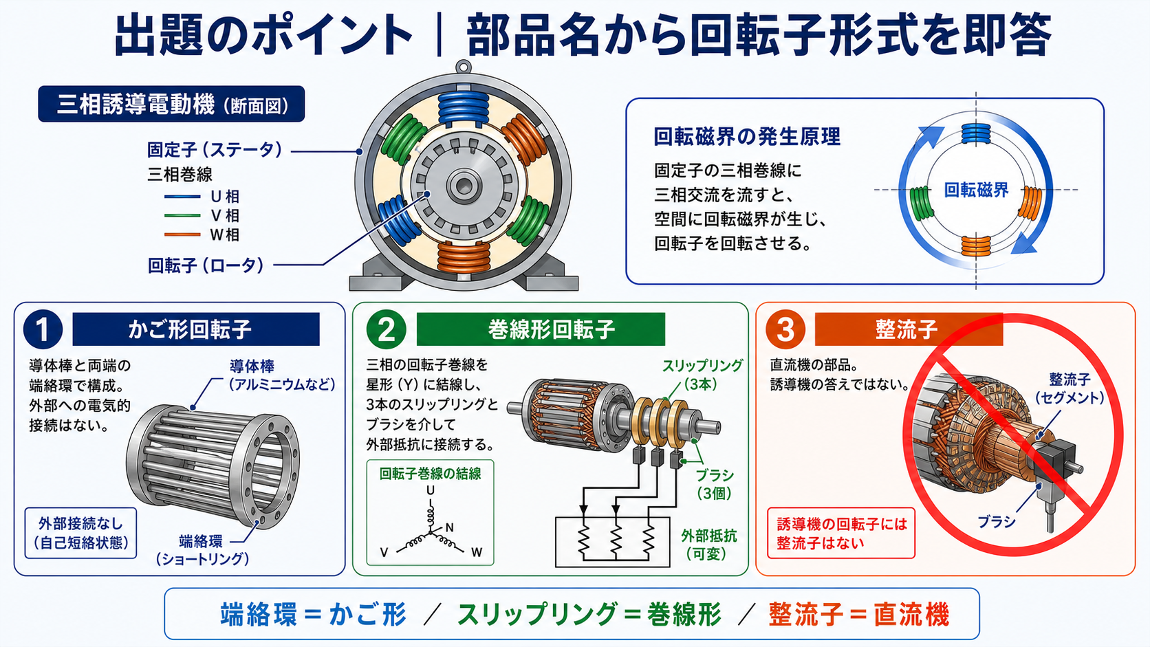 誘導電動機のかご形回転子に端絡環、巻線形回転子にスリップリング、直流機に整流子が対応する構造図