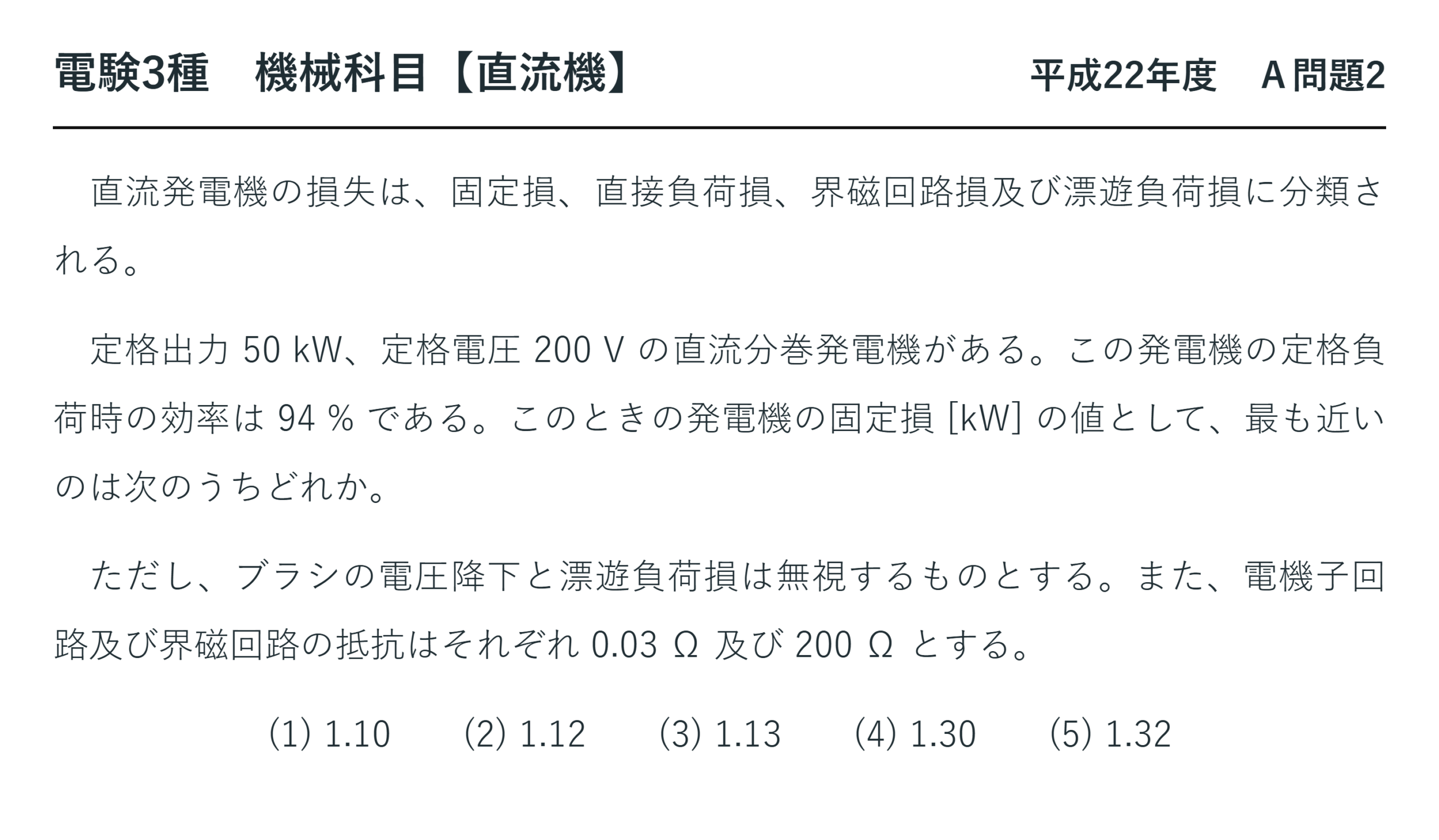 直流機22【電験3種 機械】分巻発電機の固定損とは？平成22年度 A問題2 完全解説 問題文