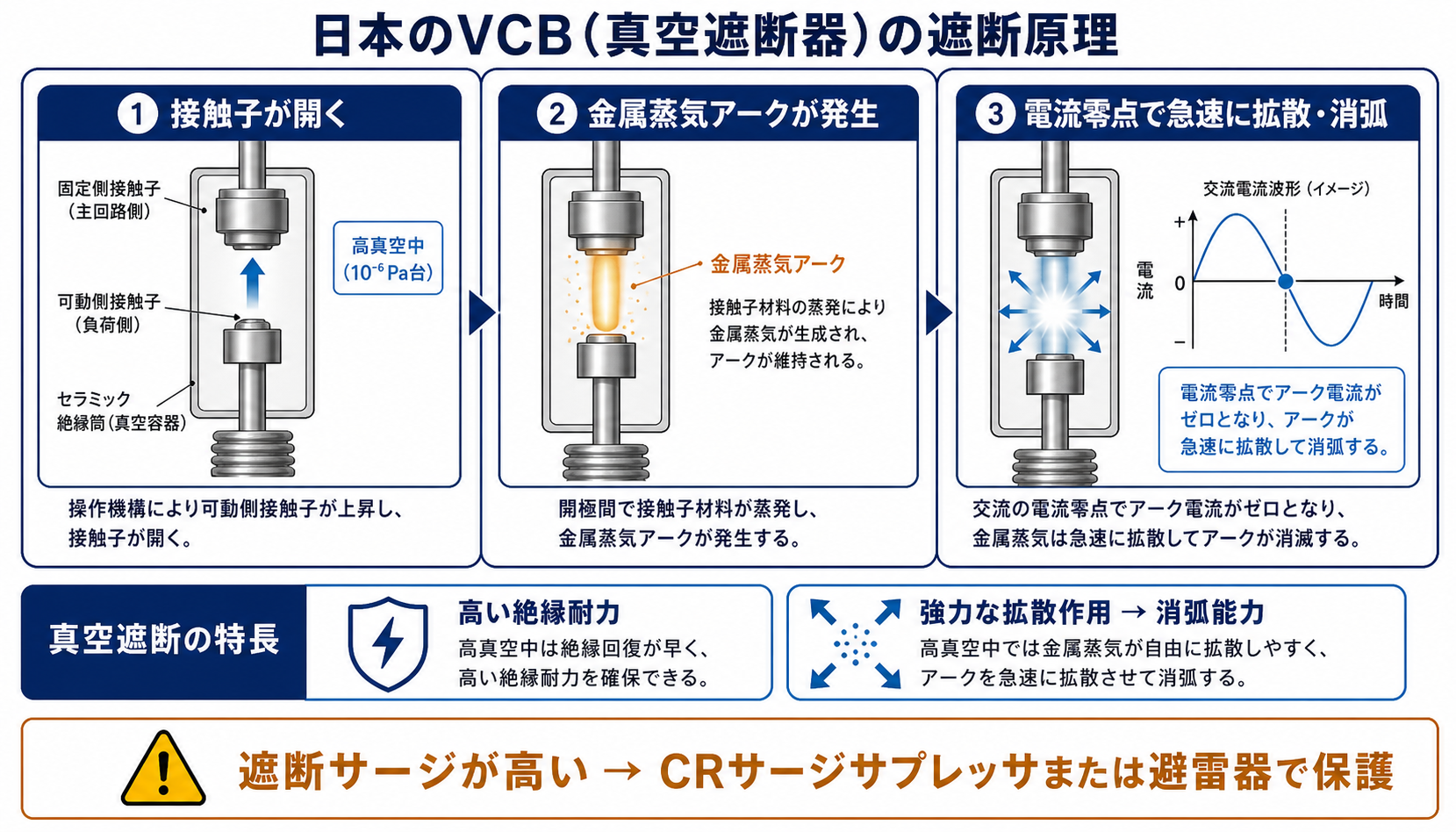 真空遮断器で接触子が開き金属蒸気アークが生じ電流零点で拡散消弧する三段階図