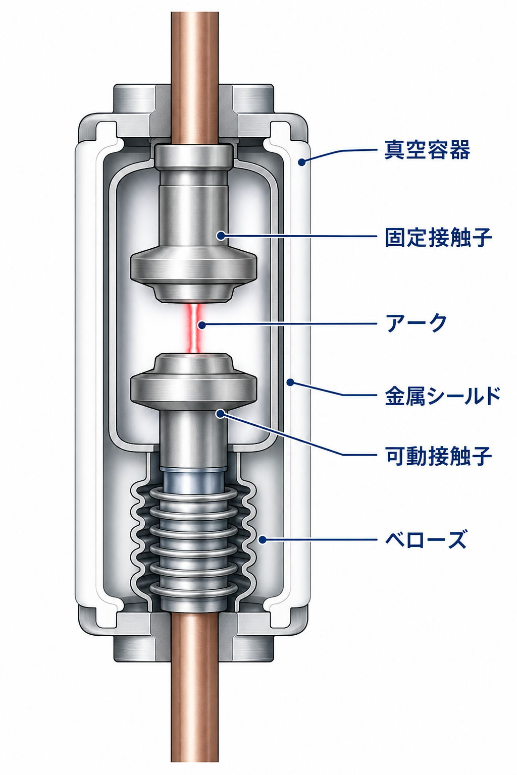 真空容器内の固定接触子、可動接触子、アーク、金属シールド、ベローズを示した真空遮断器断面図