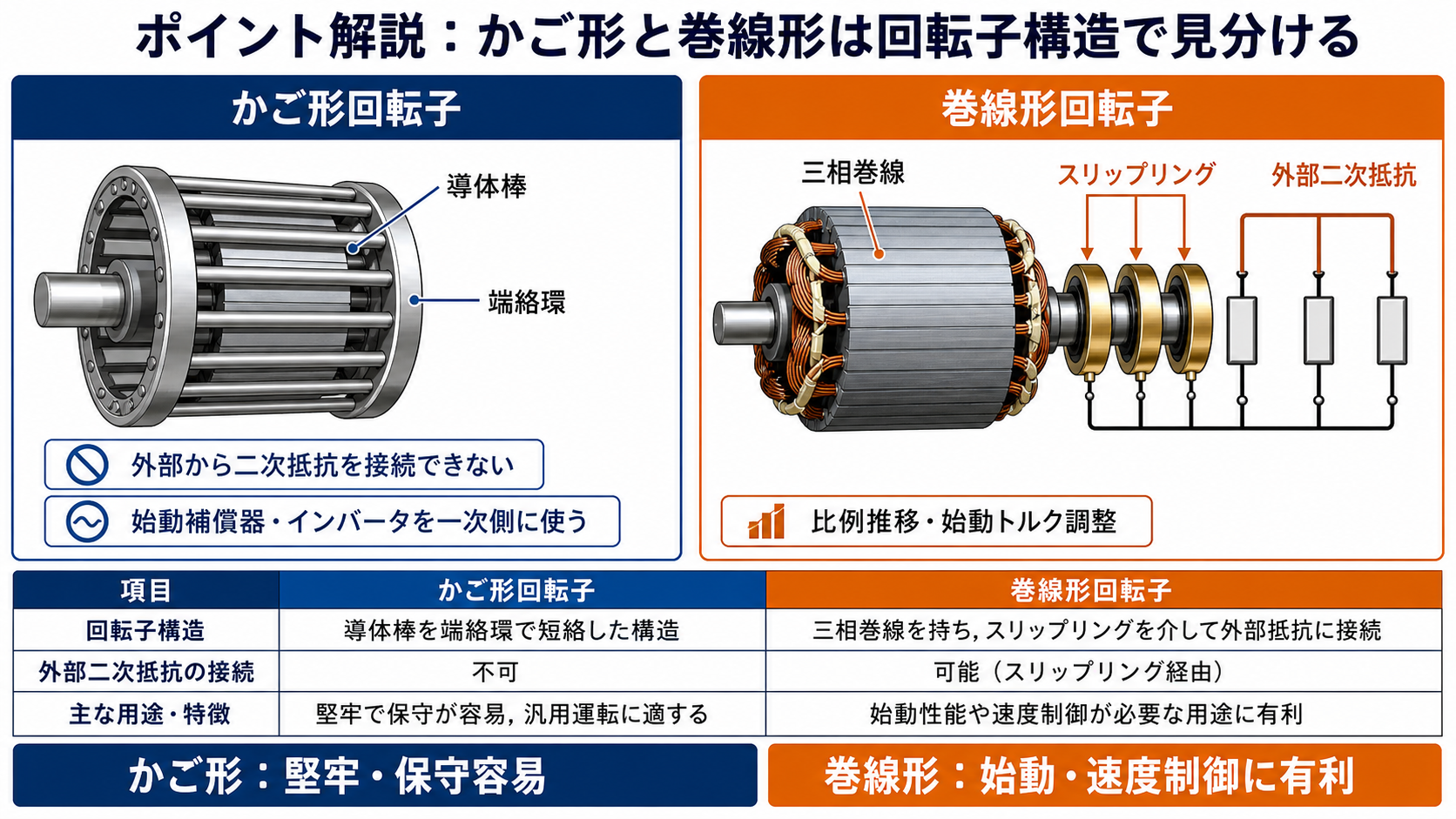 かご形回転子の導体棒と端絡環、巻線形回転子の三相巻線とスリップリングを比較する図