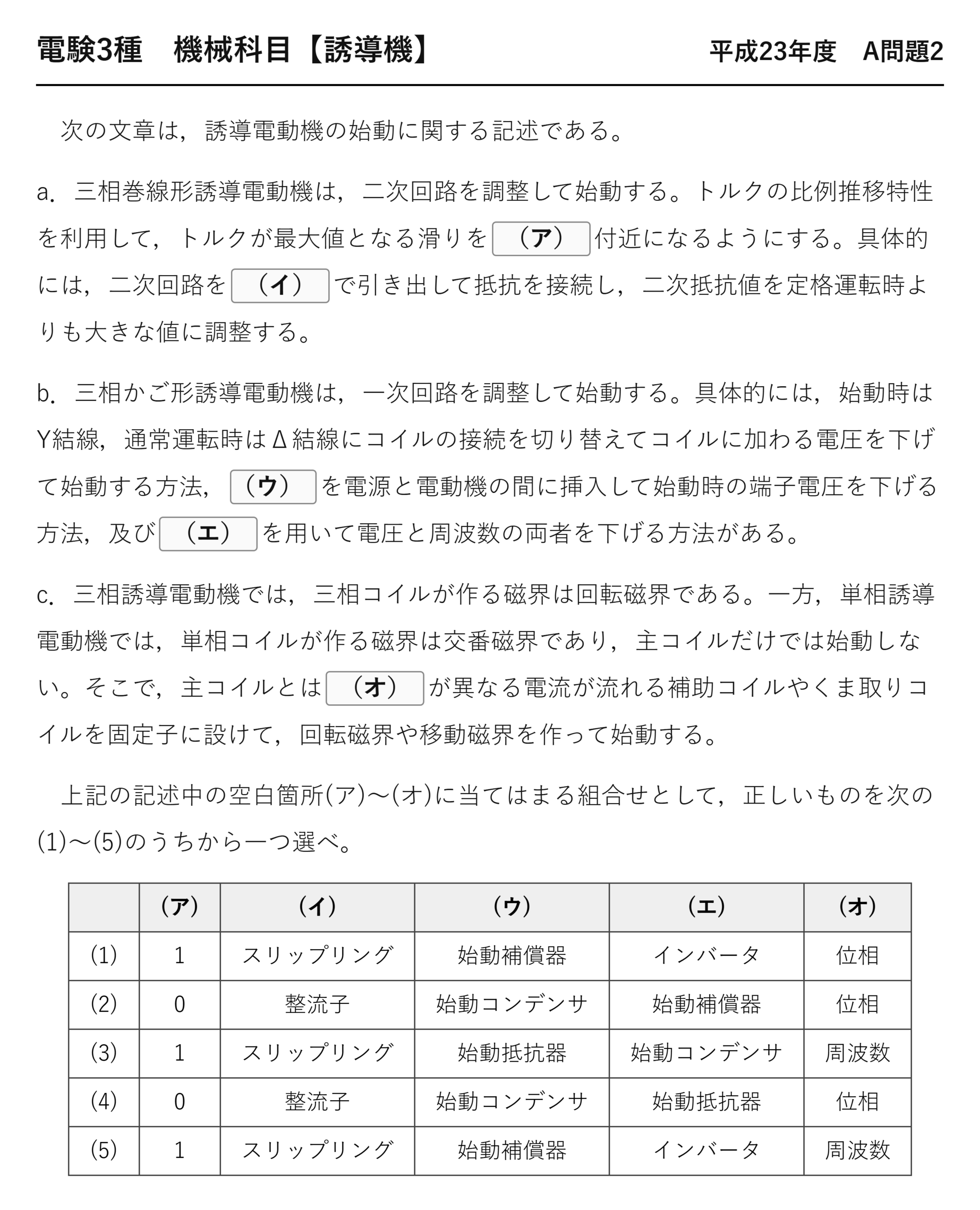 電験3種 機械科目 平成23年度 A問題2 問題文（誘導電動機の始動）