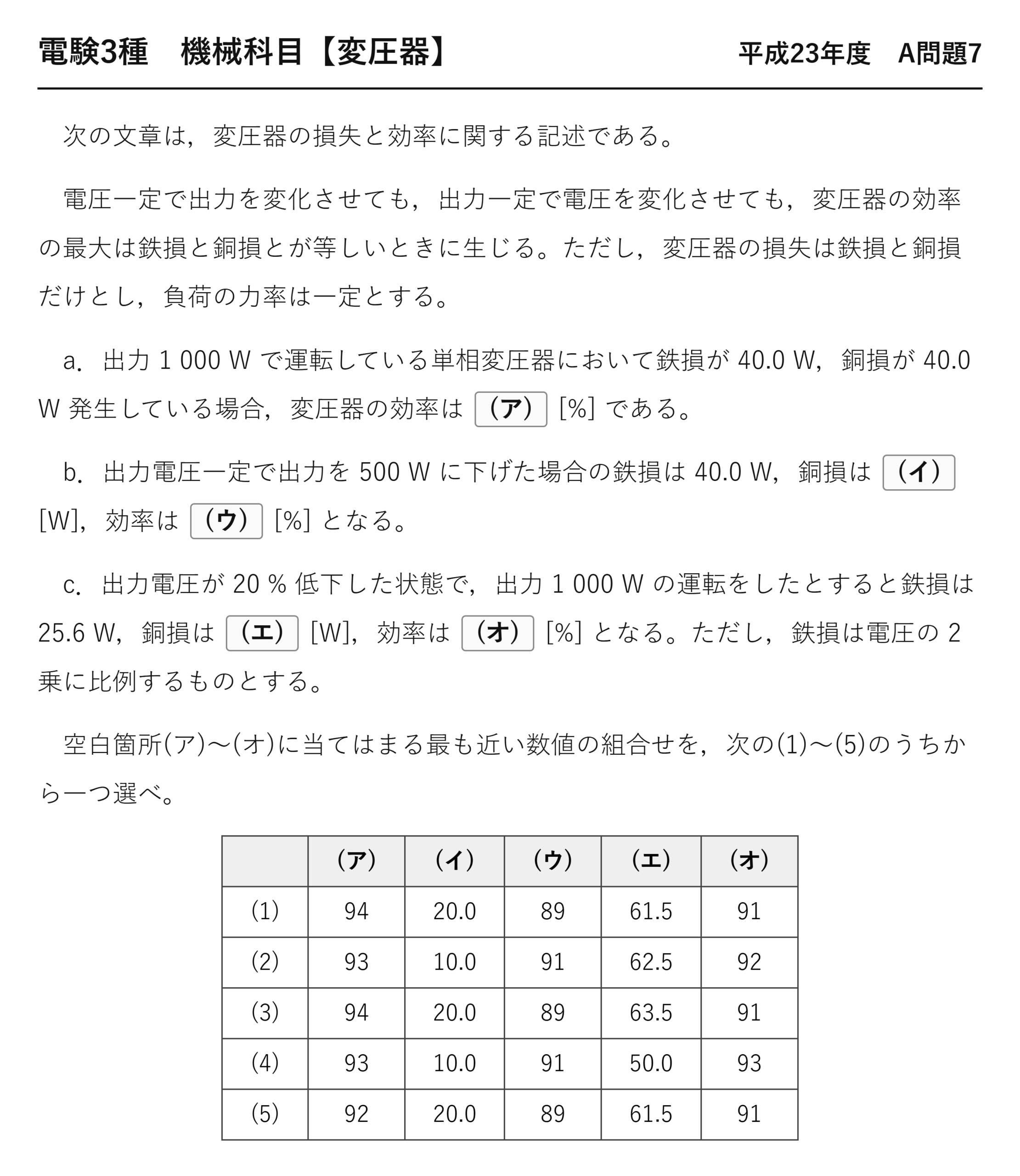 電験3種 機械科目 平成23年度 A問題7 問題文（変圧器の損失と効率の穴埋め）