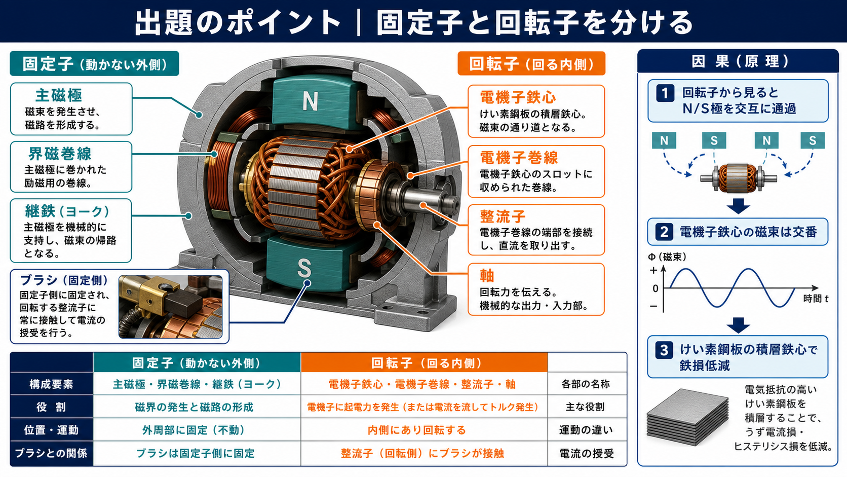 直流機の固定子と回転子の構成部品および交番磁束と積層鉄心を示す出題ポイント