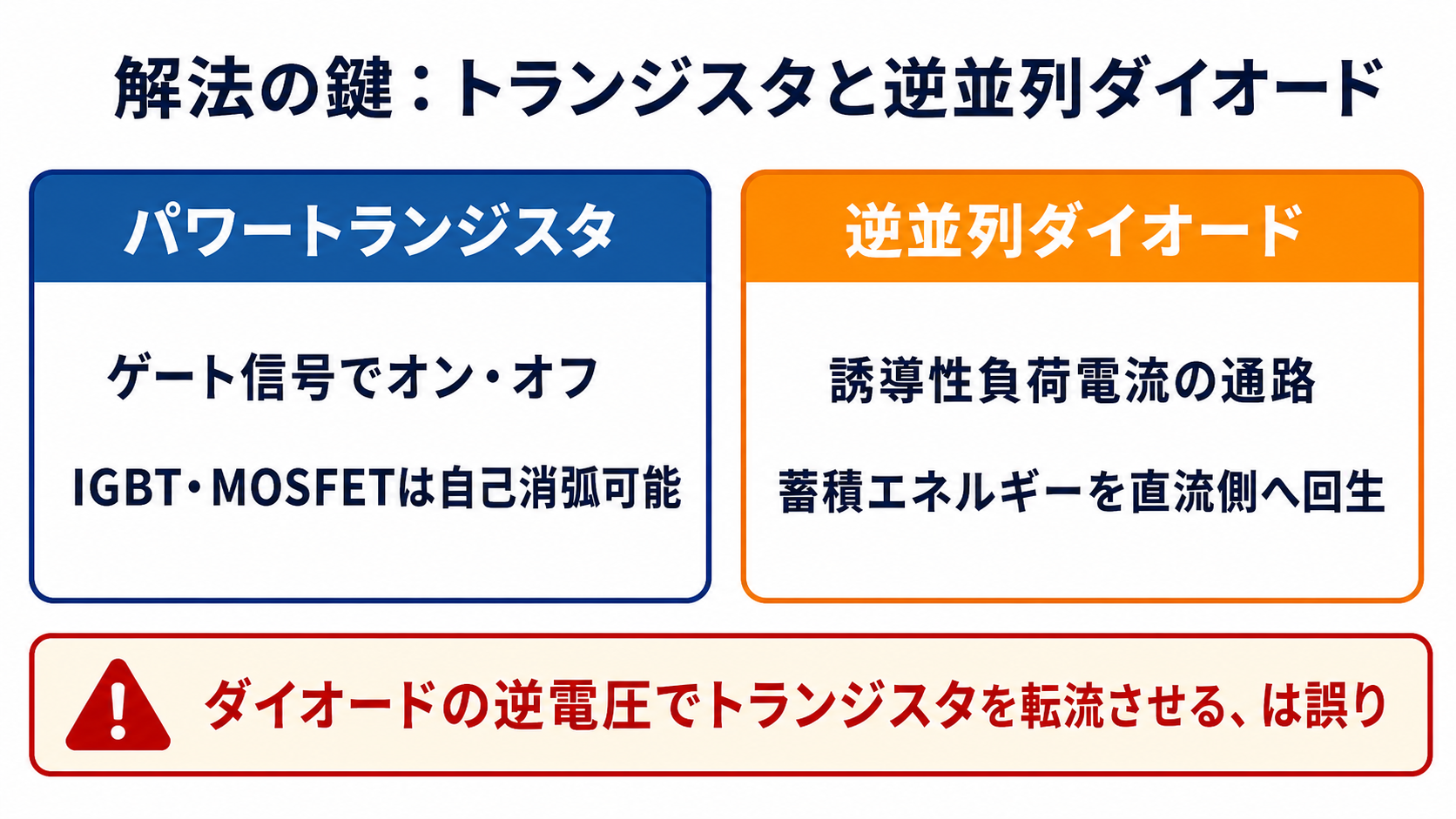パワートランジスタのゲート制御と逆並列ダイオードの電流通路・回生の役割の比較