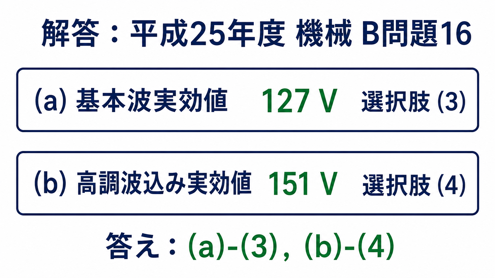 平成25年度機械B問題16の基本波実効値127Vと高調波込み実効値151Vの解答