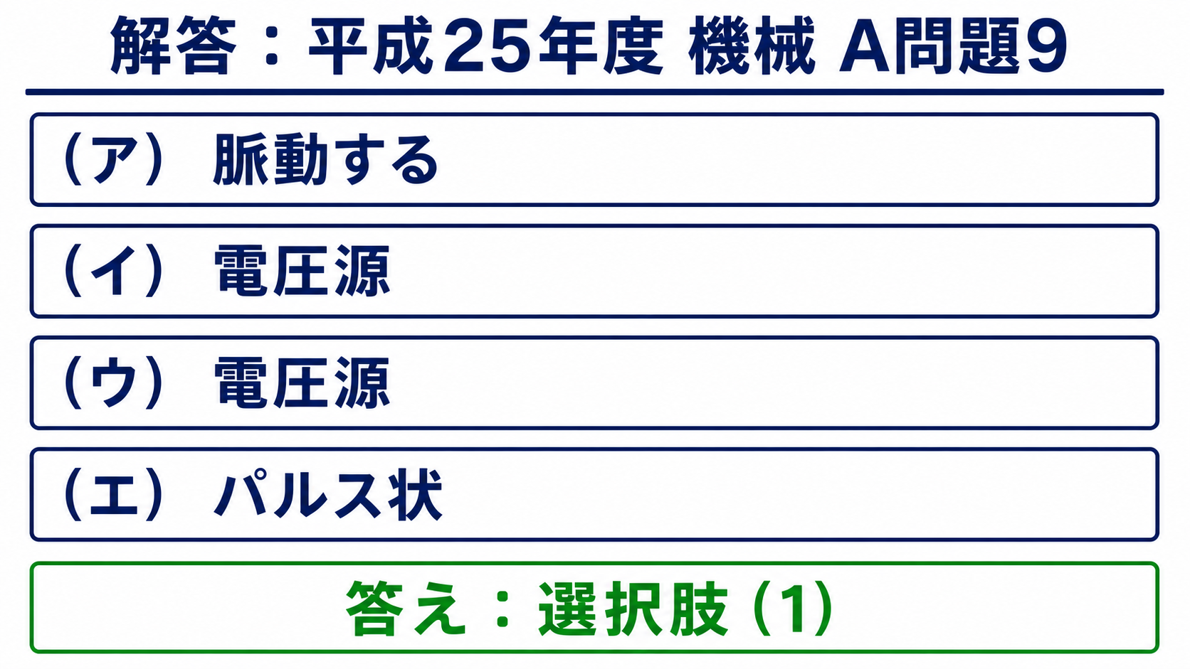 平成25年度機械A問題9の脈動する、電圧源、電圧源、パルス状の空欄解答