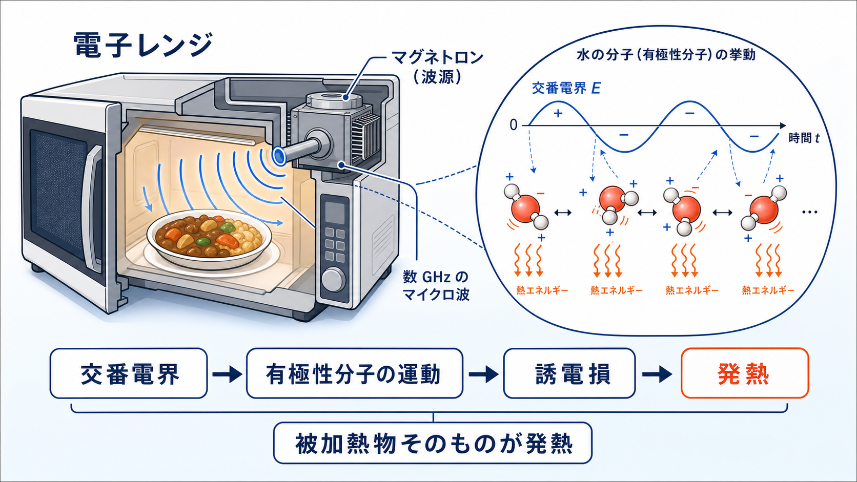 電子レンジ内のマイクロ波が有極性の水分子を動かし誘電損で発熱させる模式図