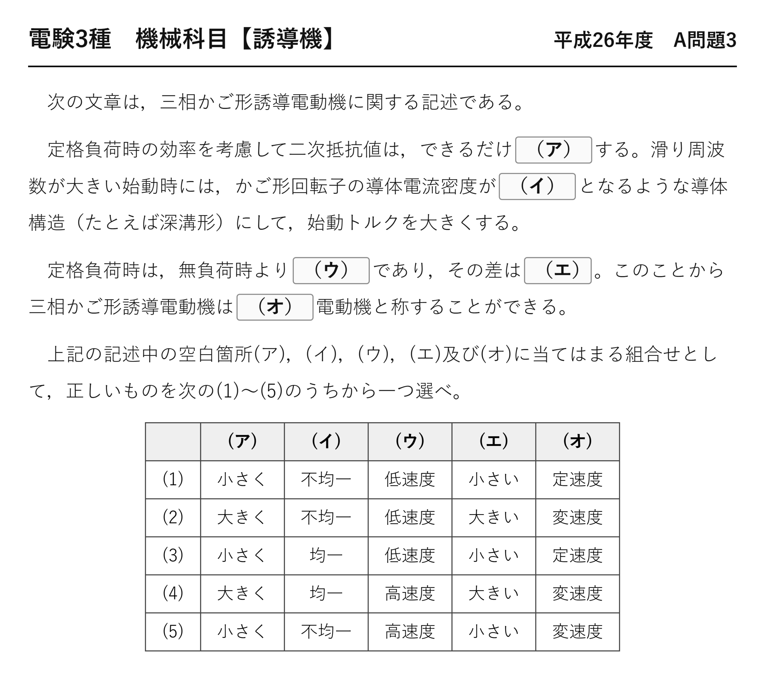 電験3種 機械科目 平成26年度 A問題3 問題文(三相かご形誘導電動機の二次抵抗と深溝形)