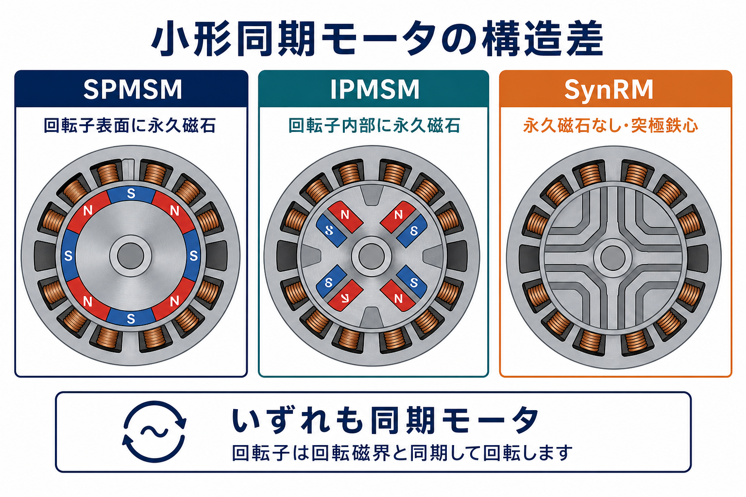 SPMSMは回転子表面に永久磁石、IPMSMは回転子内部に永久磁石、SynRMは永久磁石を使わず突極鉄心とする構造比較図