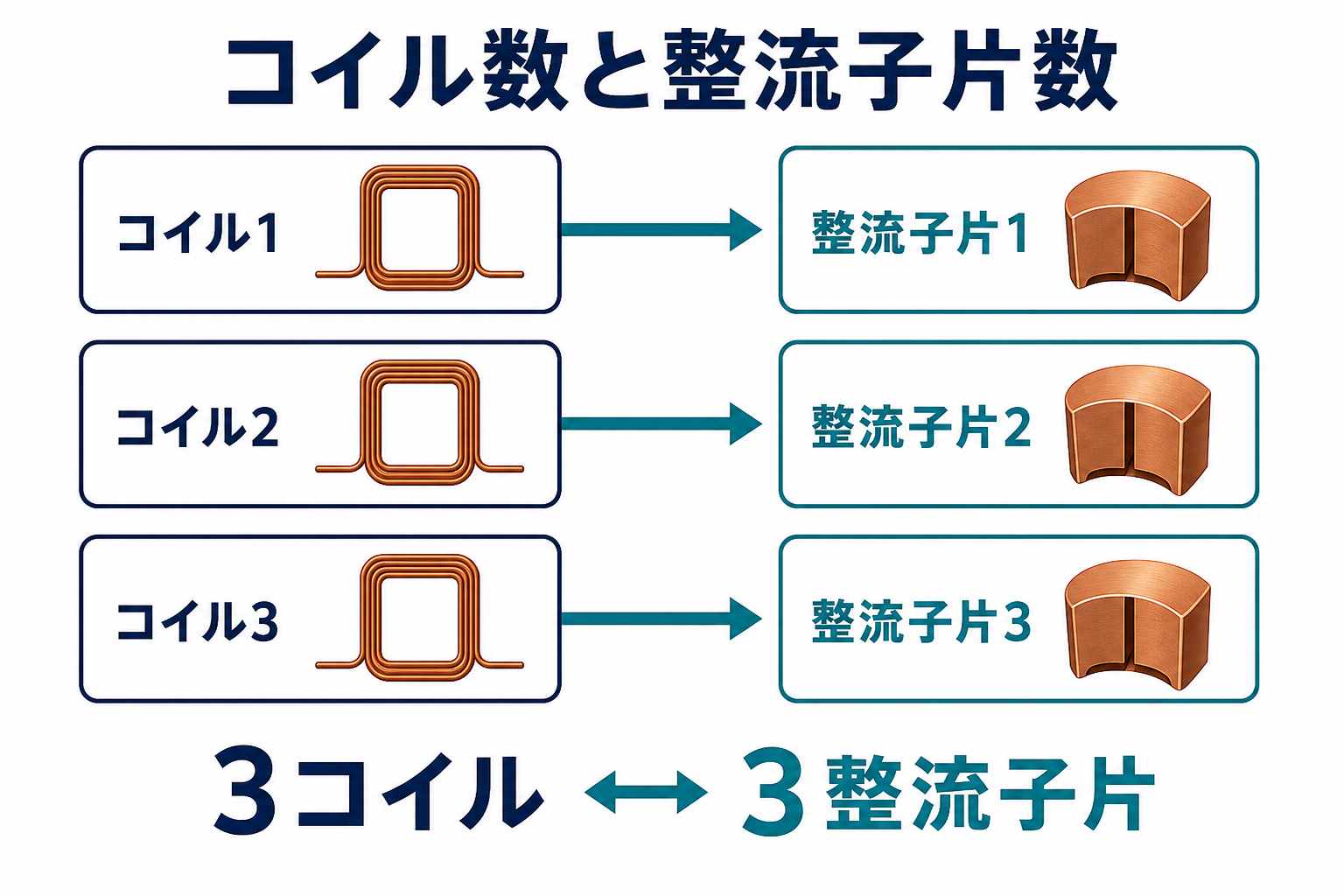 コイル1から3と整流子片1から3を一対一に対応させ、3コイルと3整流子片の関係を示す図