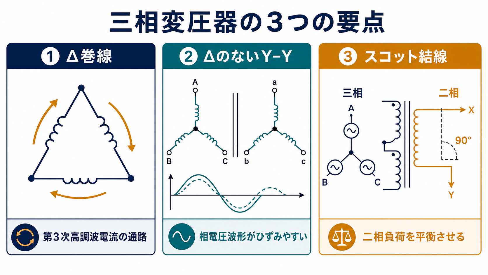 デルタ巻線を流れる第3次高調波電流、デルタのないY-Y結線の相電圧波形ひずみ、スコット結線の三相から二相への変換を整理した図