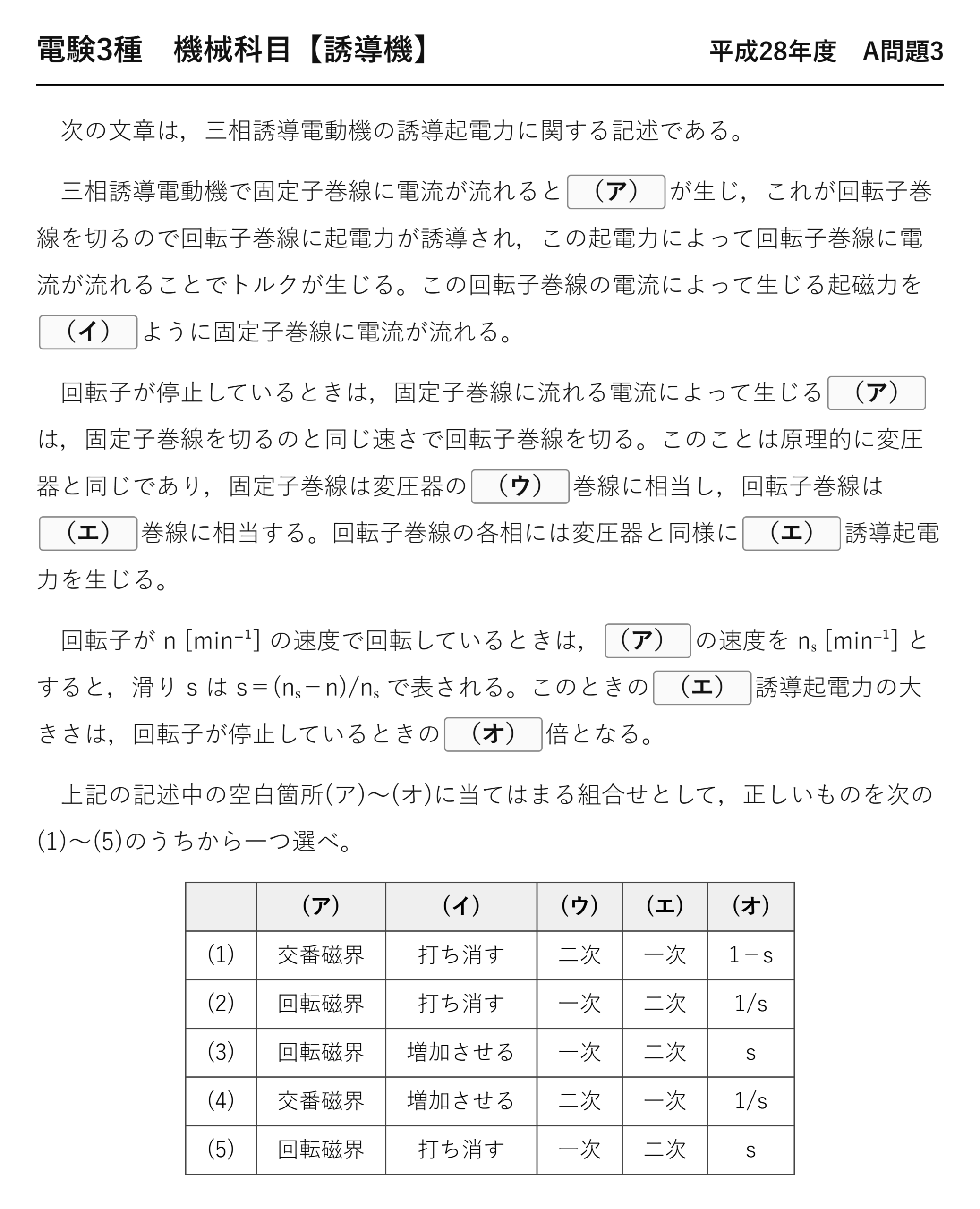 電験3種 機械科目 平成28年度 A問題3 問題文(三相誘導電動機の誘導起電力)