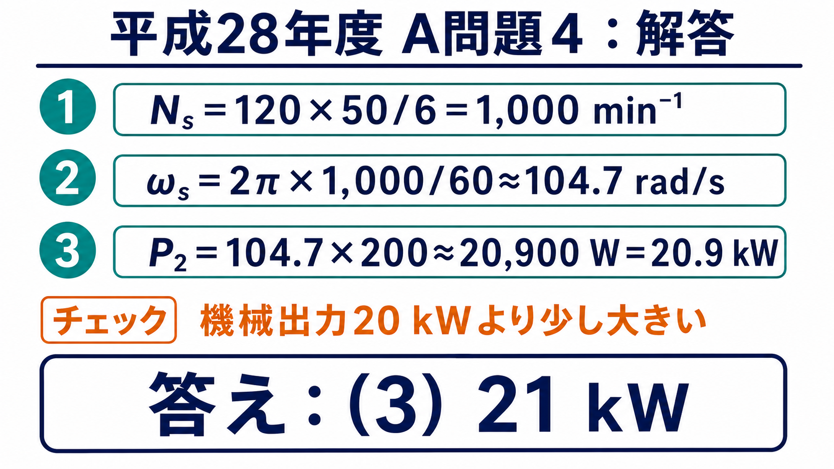 同期速度1000毎分、同期角速度104.7ラジアン毎秒、二次入力20.9キロワットを示す解答図