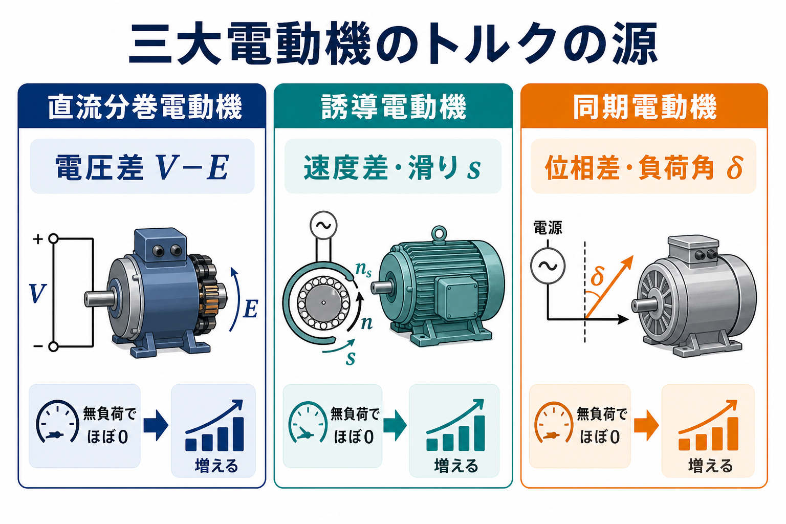 直流分巻電動機は電圧差V-E、誘導電動機は速度差と滑りs、同期電動機は位相差と負荷角δがトルクの源であることを示す比較図