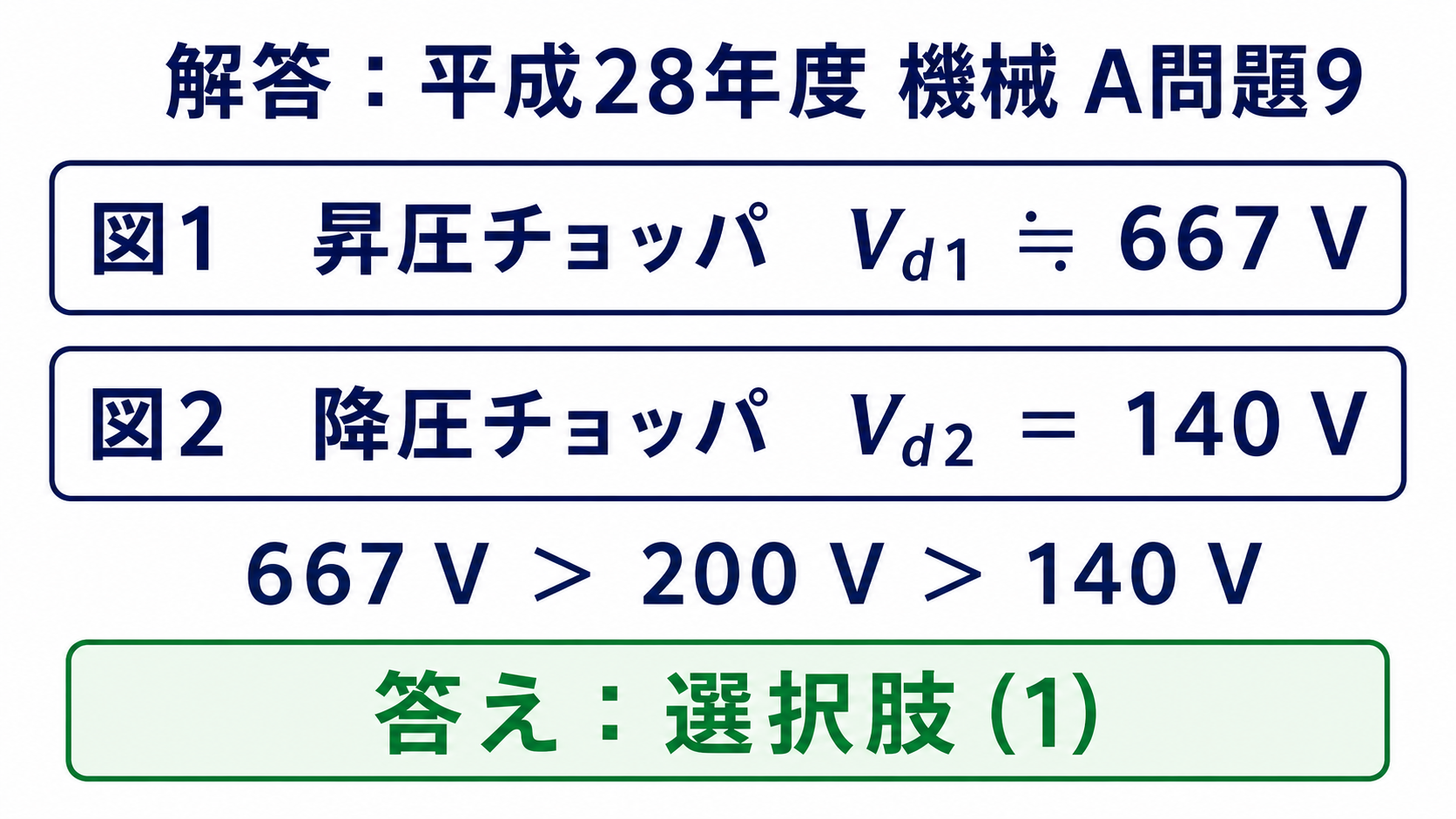 平成28年度機械A問題9の昇圧667Vと降圧140Vの解答