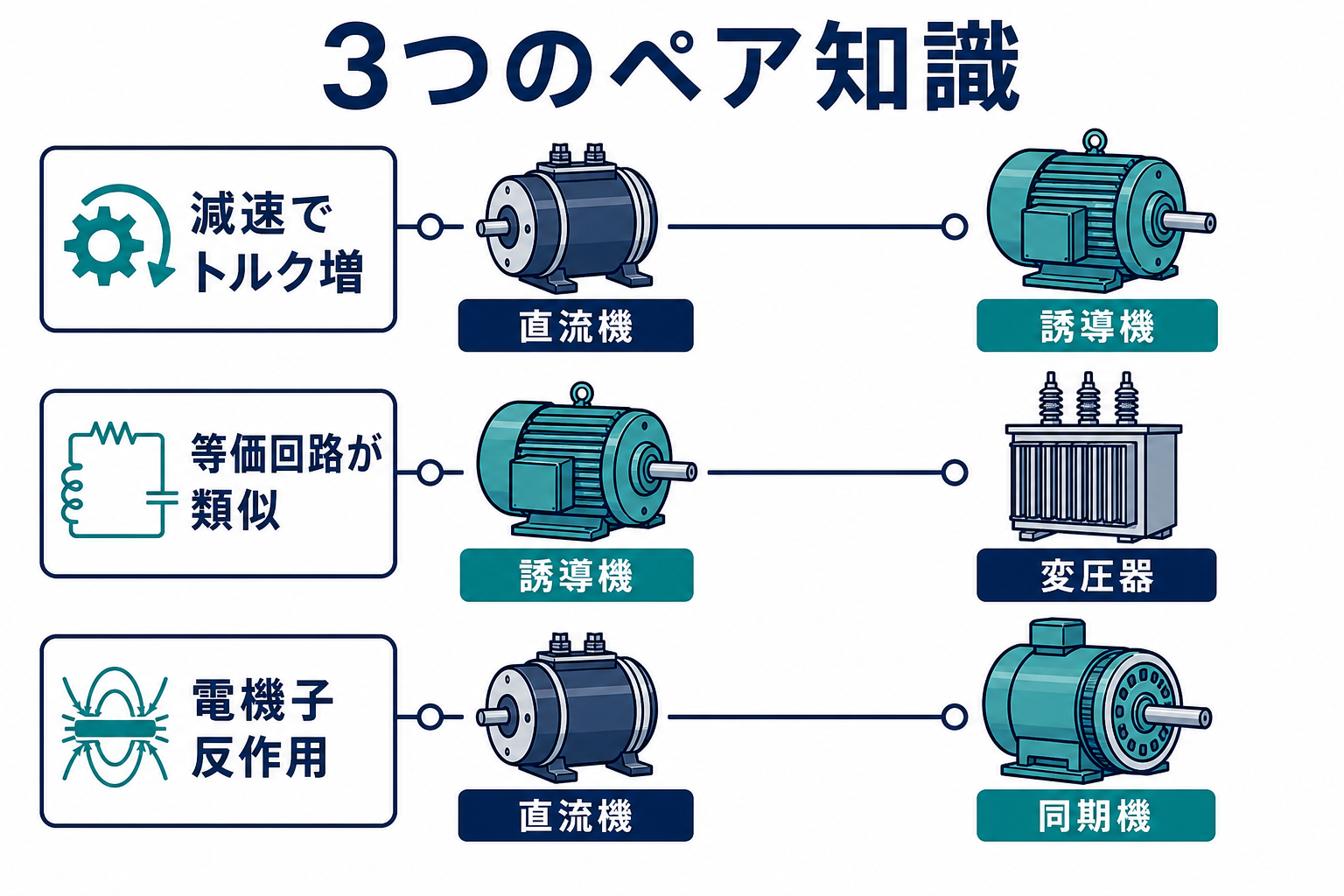 減速でトルクが増える直流機と誘導機、等価回路が類似する誘導機と変圧器、電機子反作用をもつ直流機と同期機の3ペア図