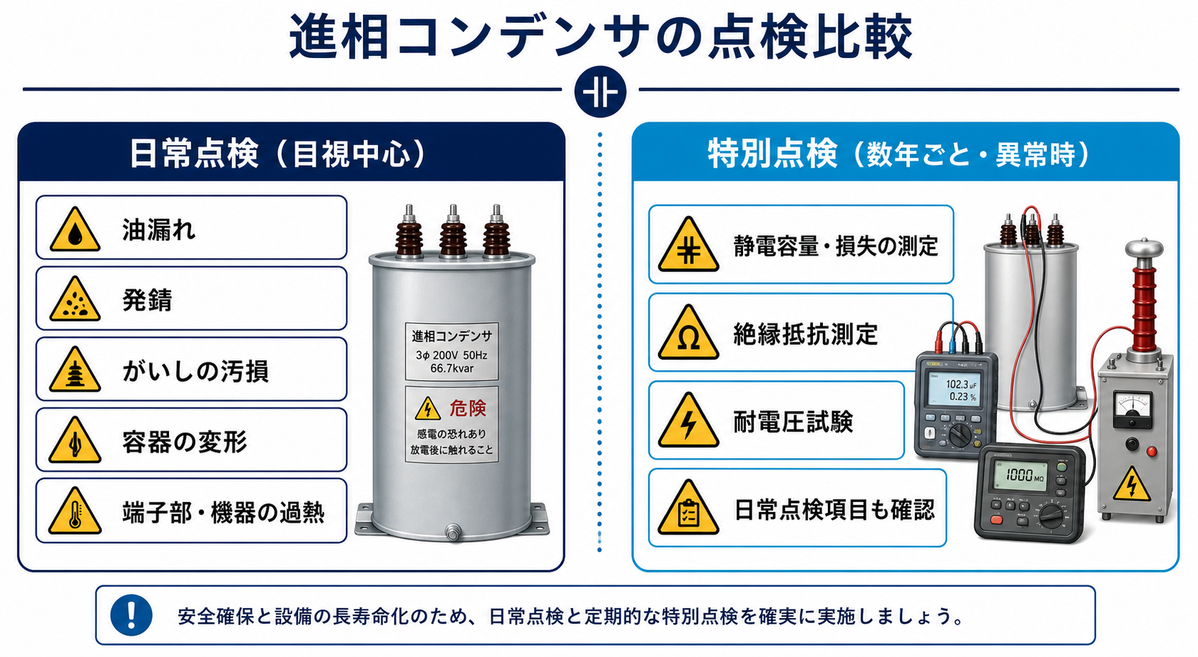 電力用コンデンサの日常点検と数年ごとまたは異常時の特別点検を比較した図