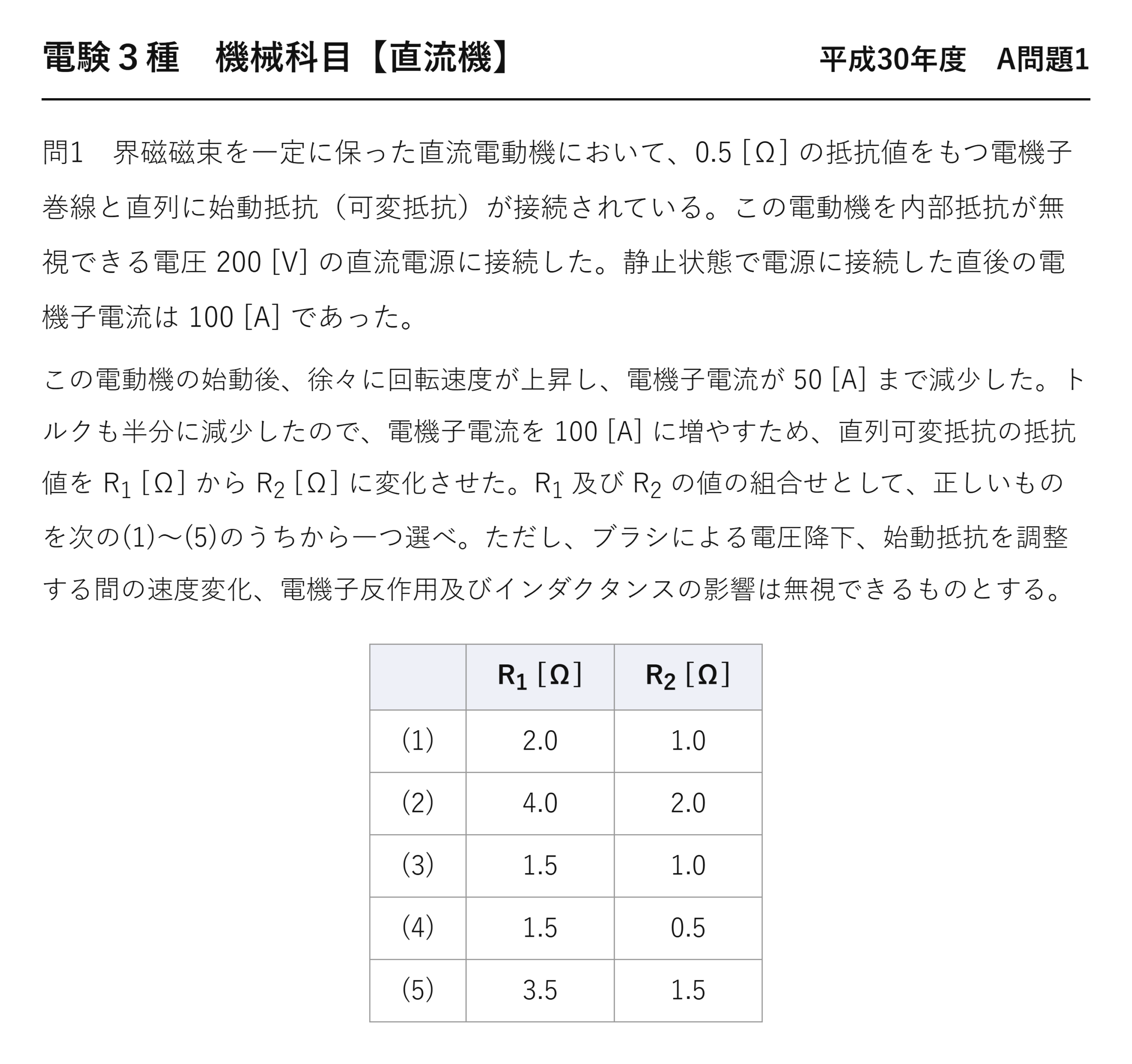 直流機14【電験3種 機械】始動抵抗の調整とは？平成30年度 A問題1 完全解説 問題文