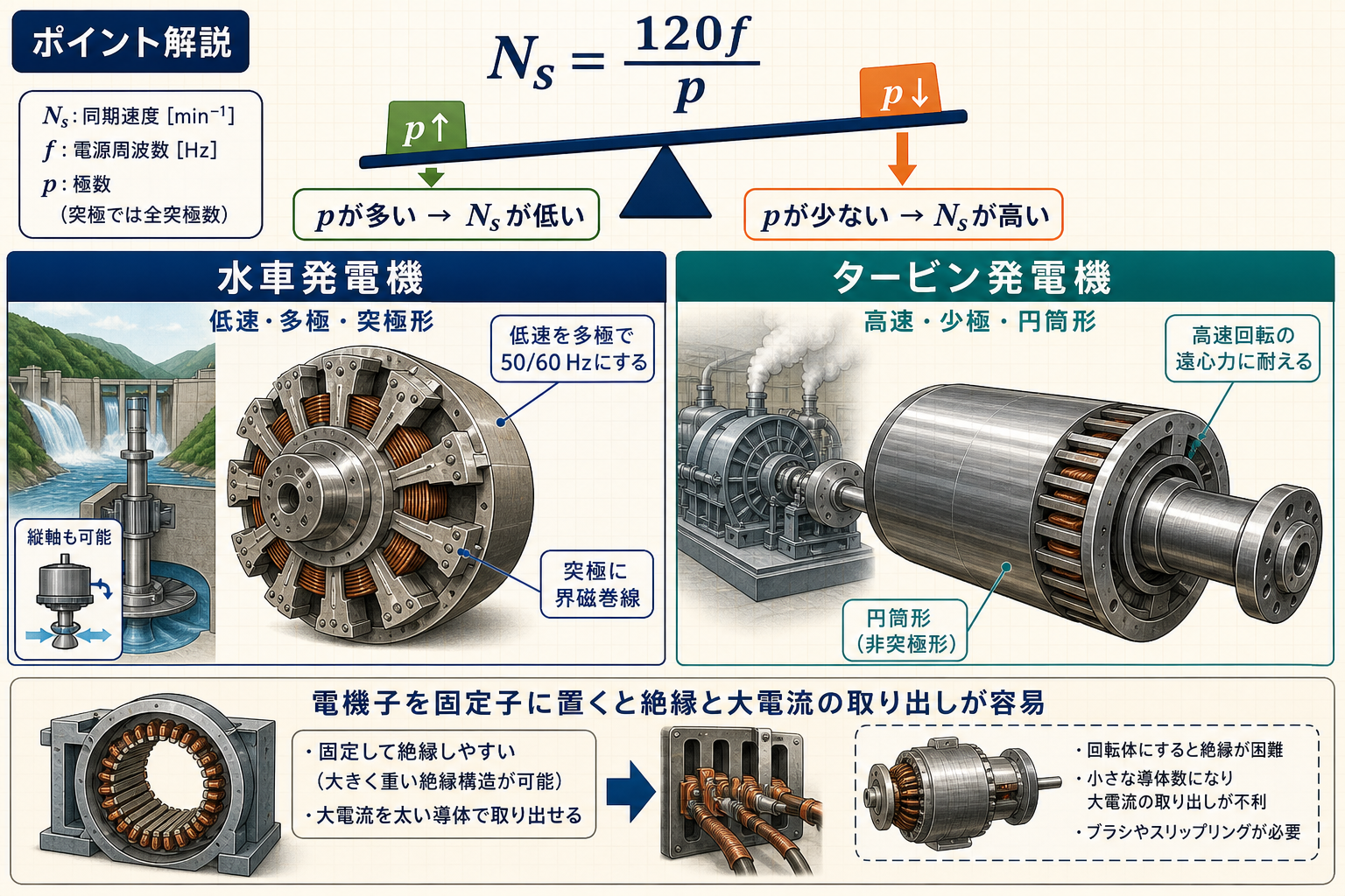 同期速度と極数の反比例、水車発電機とタービン発電機の回転子形状を示す図