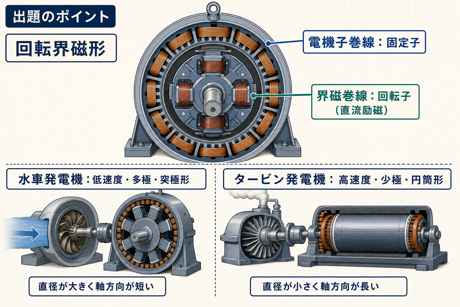 同期発電機の固定子電機子・回転子界磁と水車発電機・タービン発電機の構造比較図