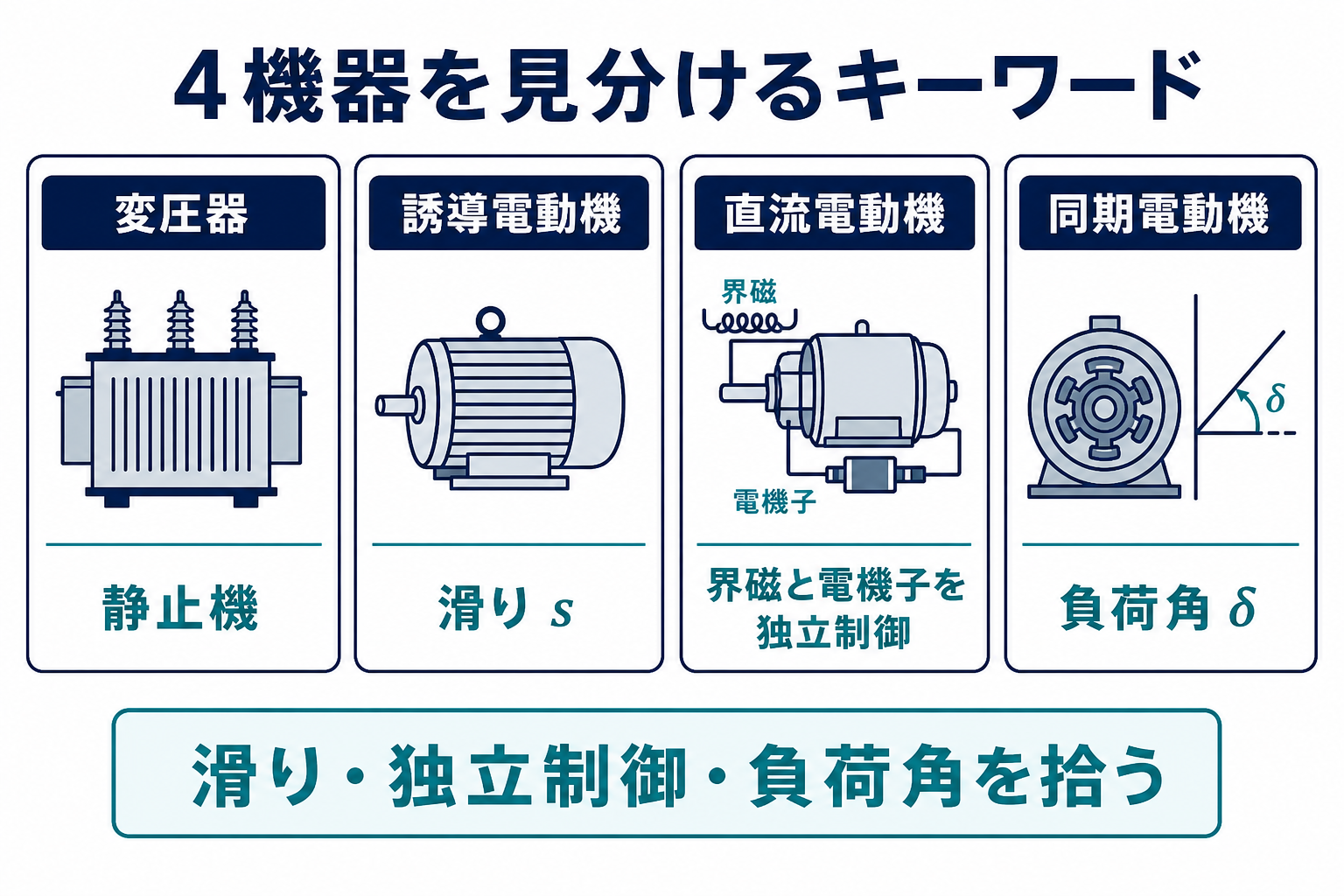 変圧器は静止機、誘導電動機は滑り、直流電動機は界磁と電機子の独立制御、同期電動機は負荷角で見分ける4機器比較図