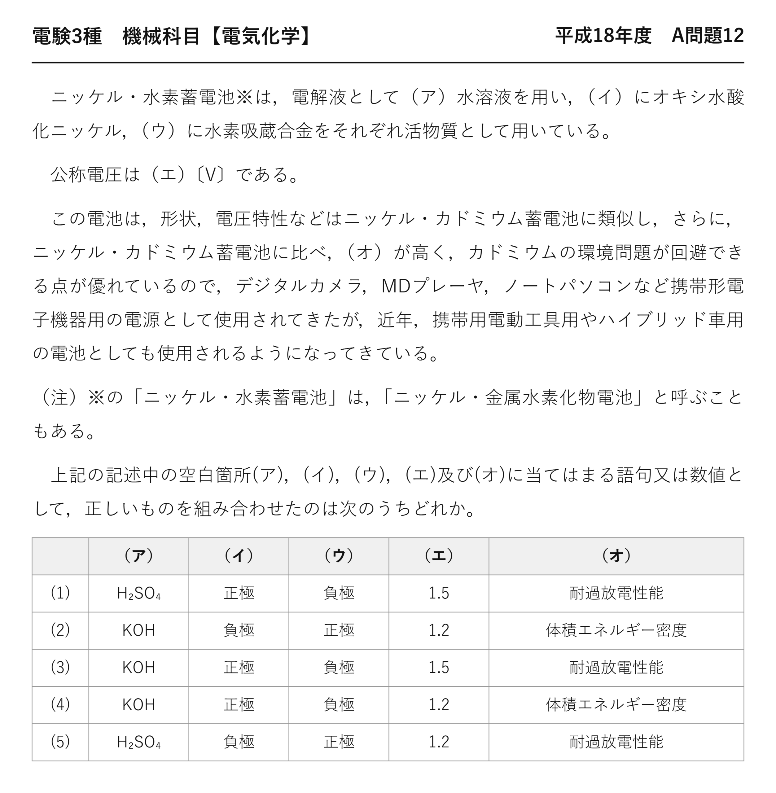 電験3種 機械科目 電気化学 平成18年度 A問題12 問題文