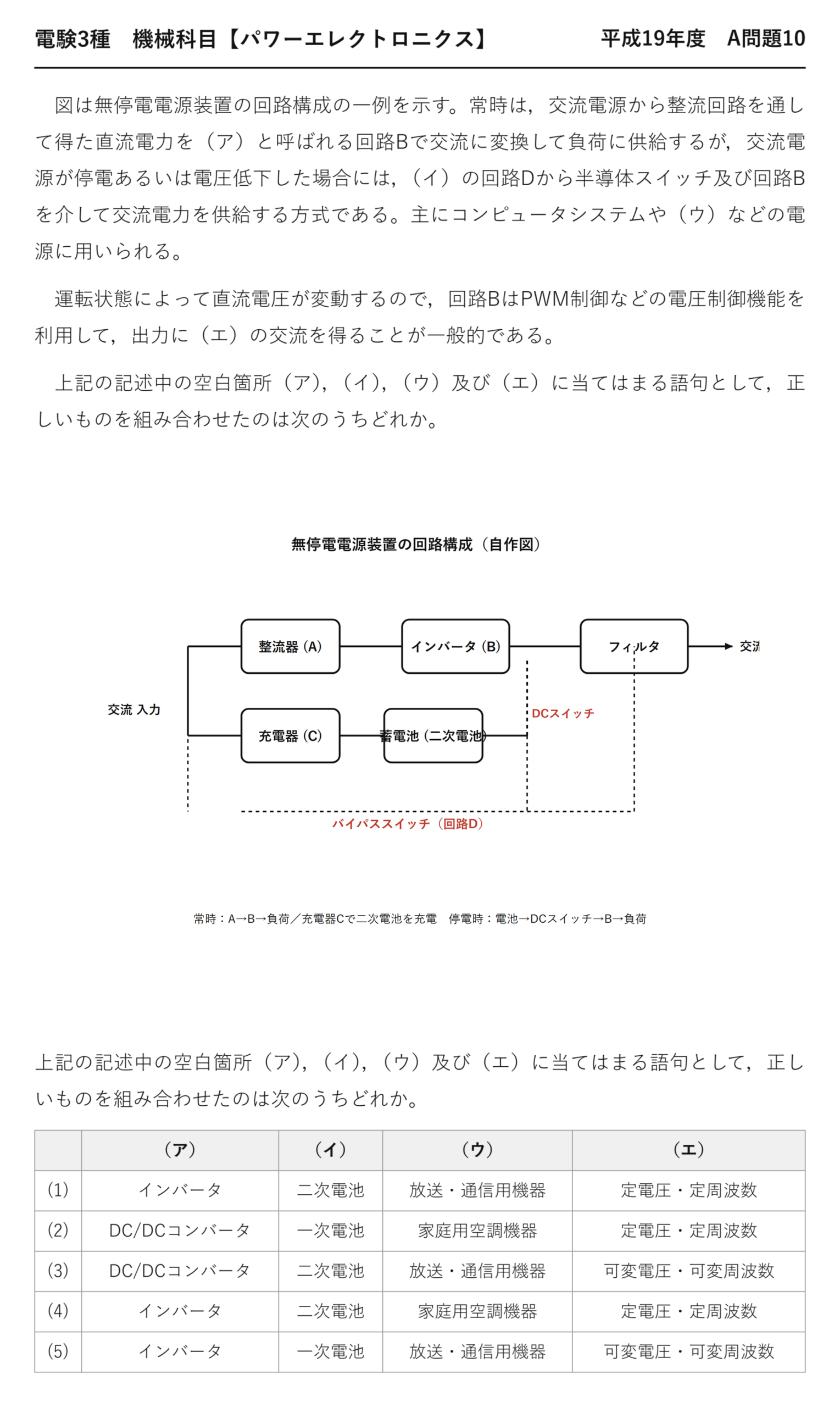 電験3種 機械科目 パワーエレクトロニクス 平成19年度 A問題10 問題文