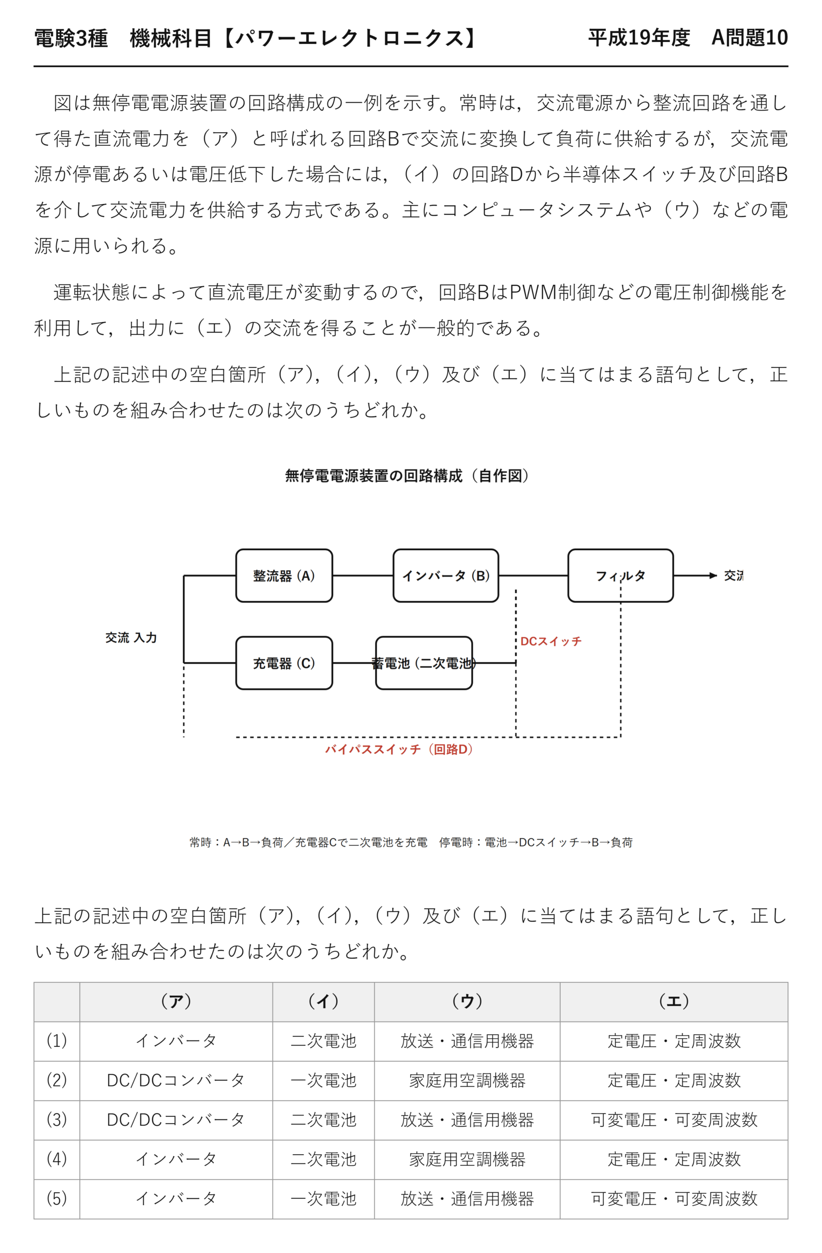 電験3種 機械科目 パワーエレクトロニクス 平成19年度 A問題10 問題文