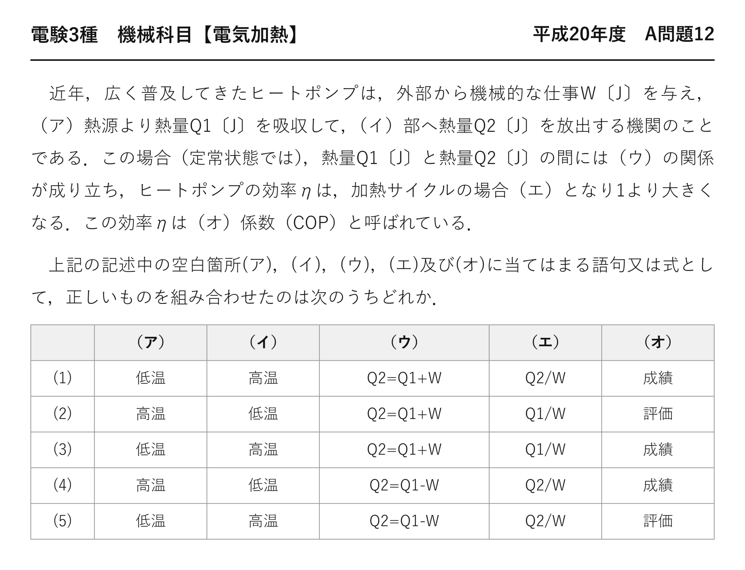 電験3種 機械科目 電気加熱 平成20年度 A問題12 問題文