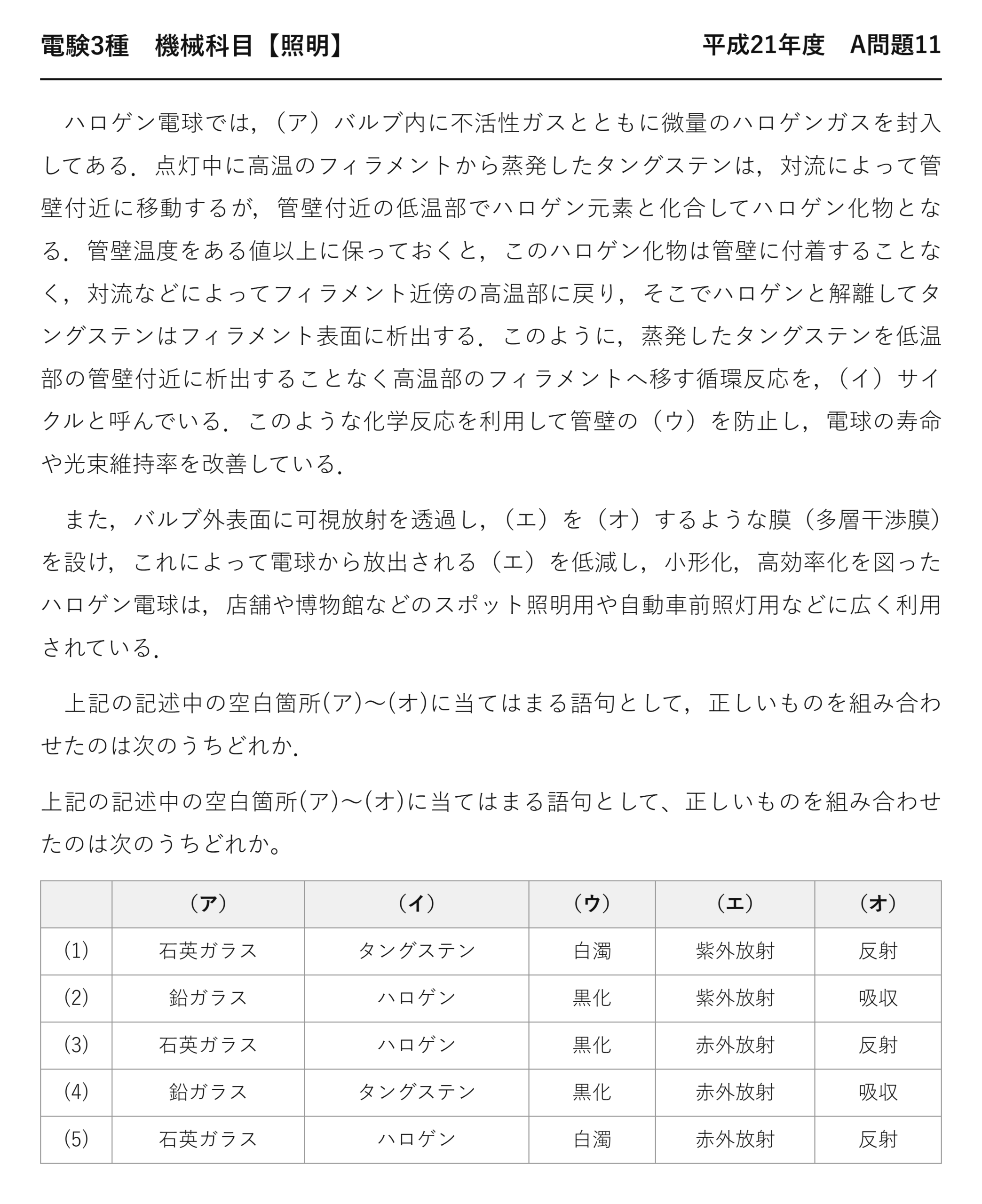 電験3種 機械科目 照明 平成21年度 A問題11 問題文