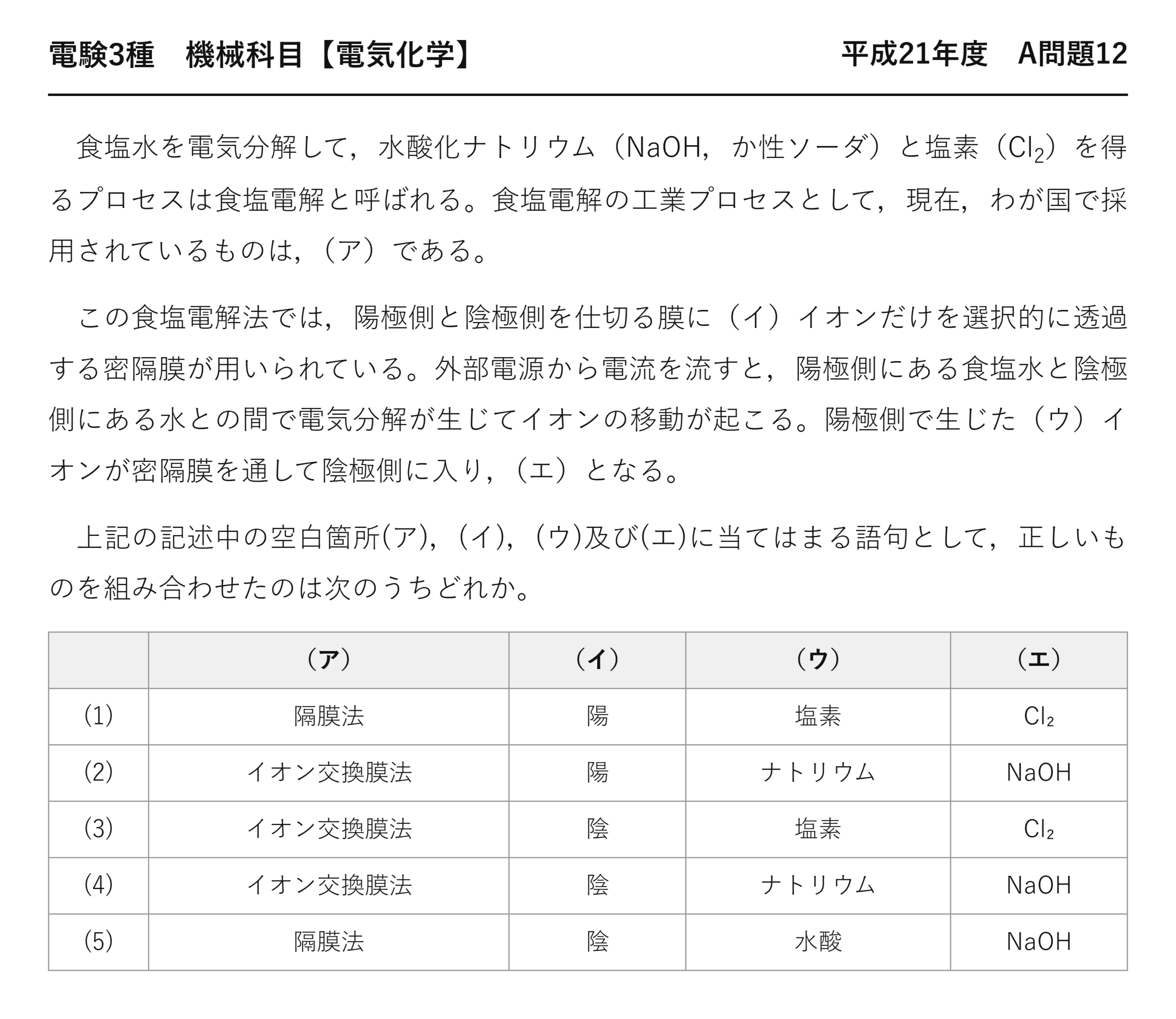 電験3種 機械科目 電気化学 平成21年度 A問題12 問題文