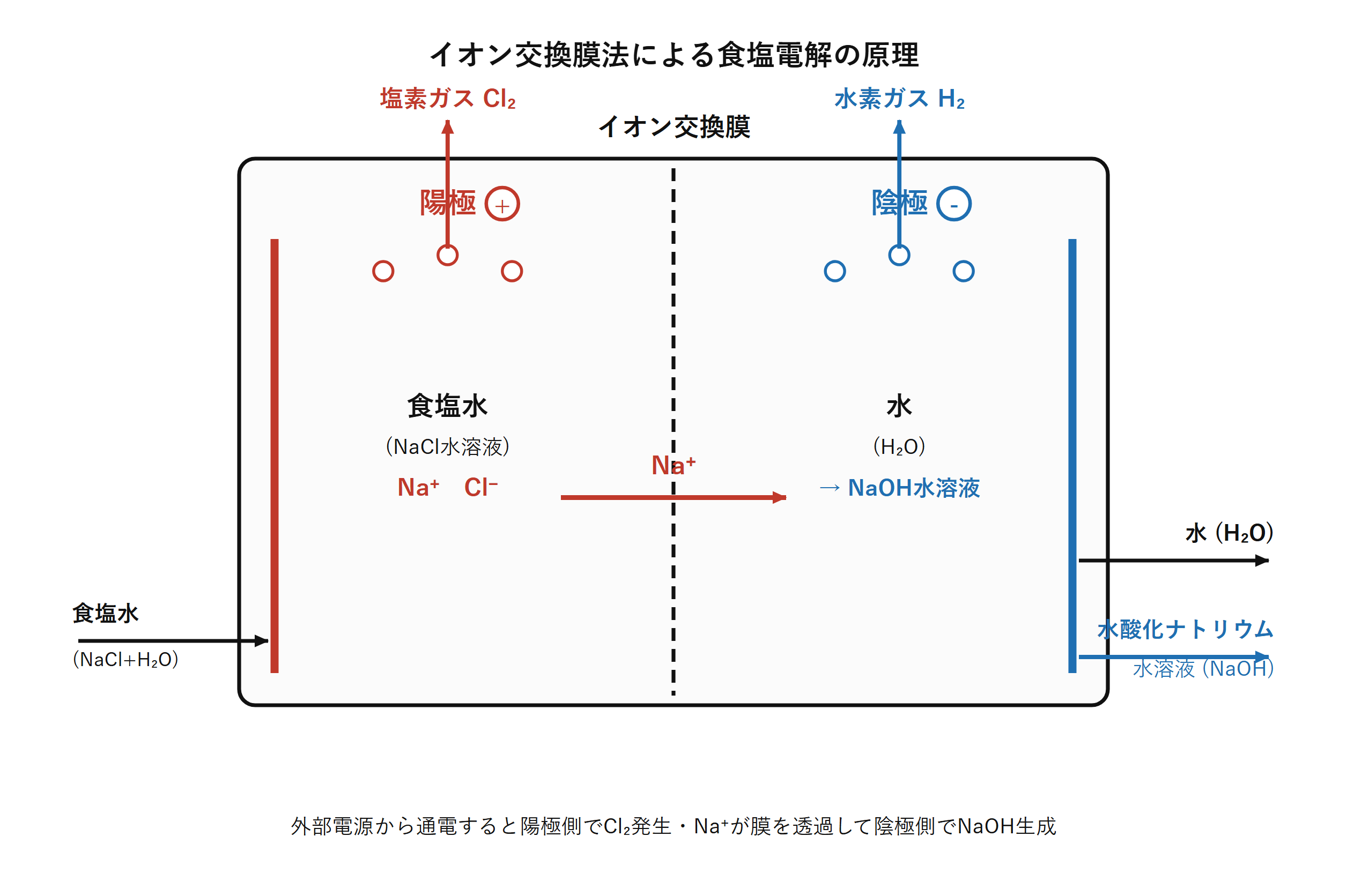 図　イオン交換膜法による食塩電解の原理（自作図）