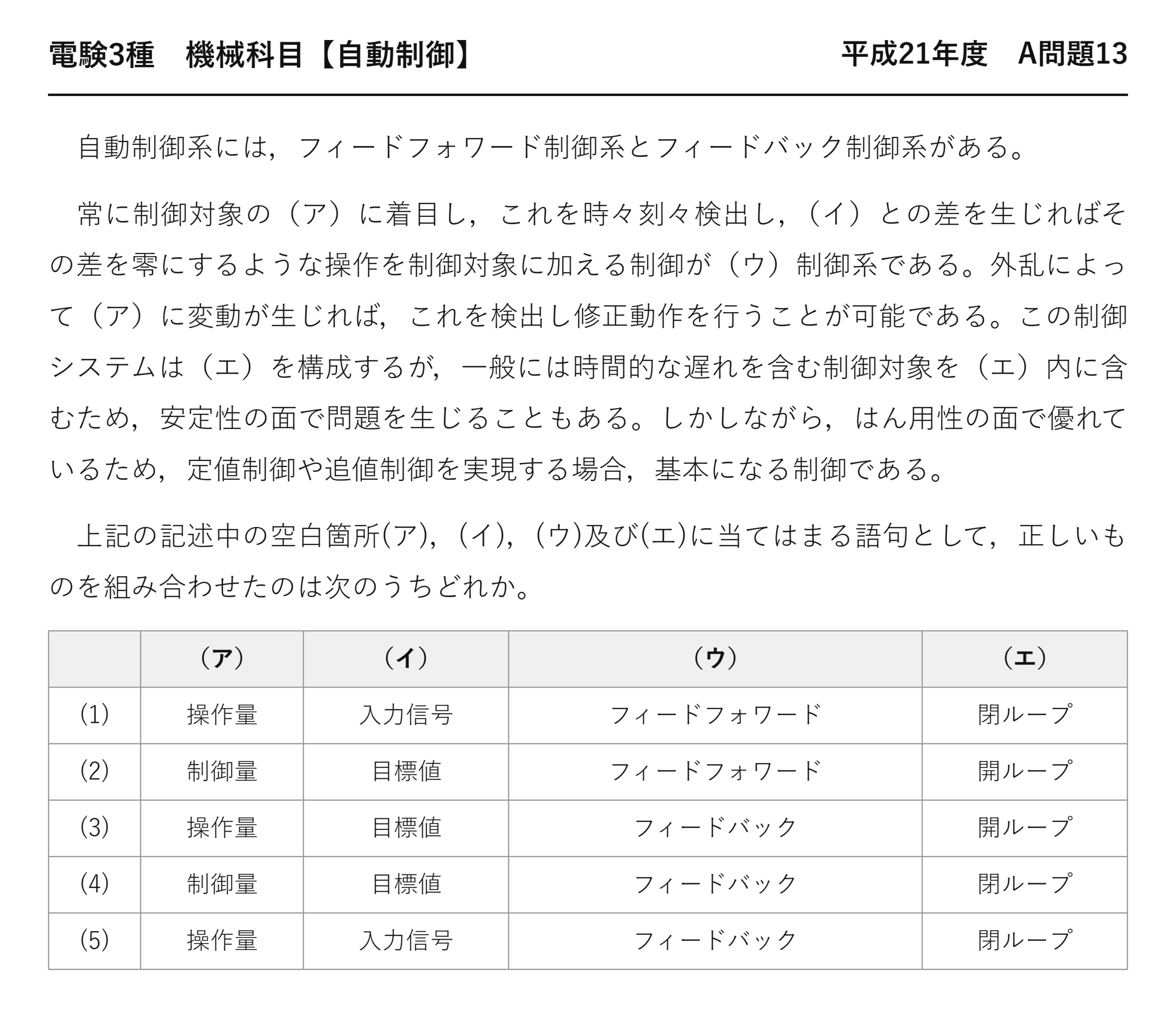 電験3種 機械科目 自動制御 平成21年度 A問題13 問題文