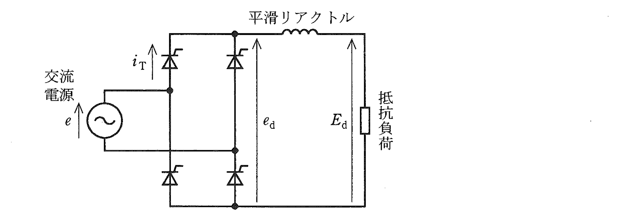 問題図：単相全波サイリスタ整流回路（平滑リアクトル・抵抗負荷）