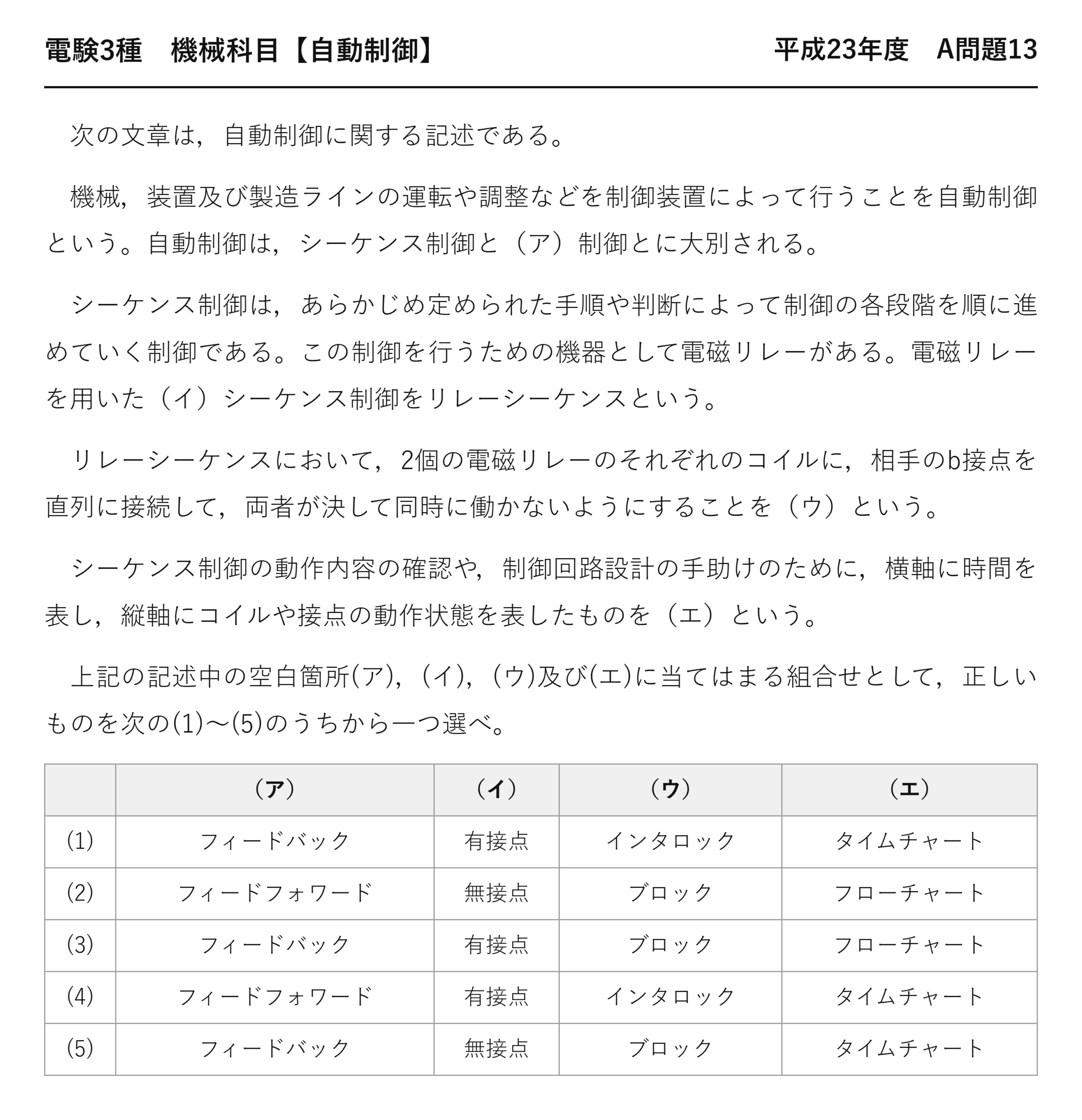 電験3種 機械科目 自動制御 平成23年度 A問題13 問題文